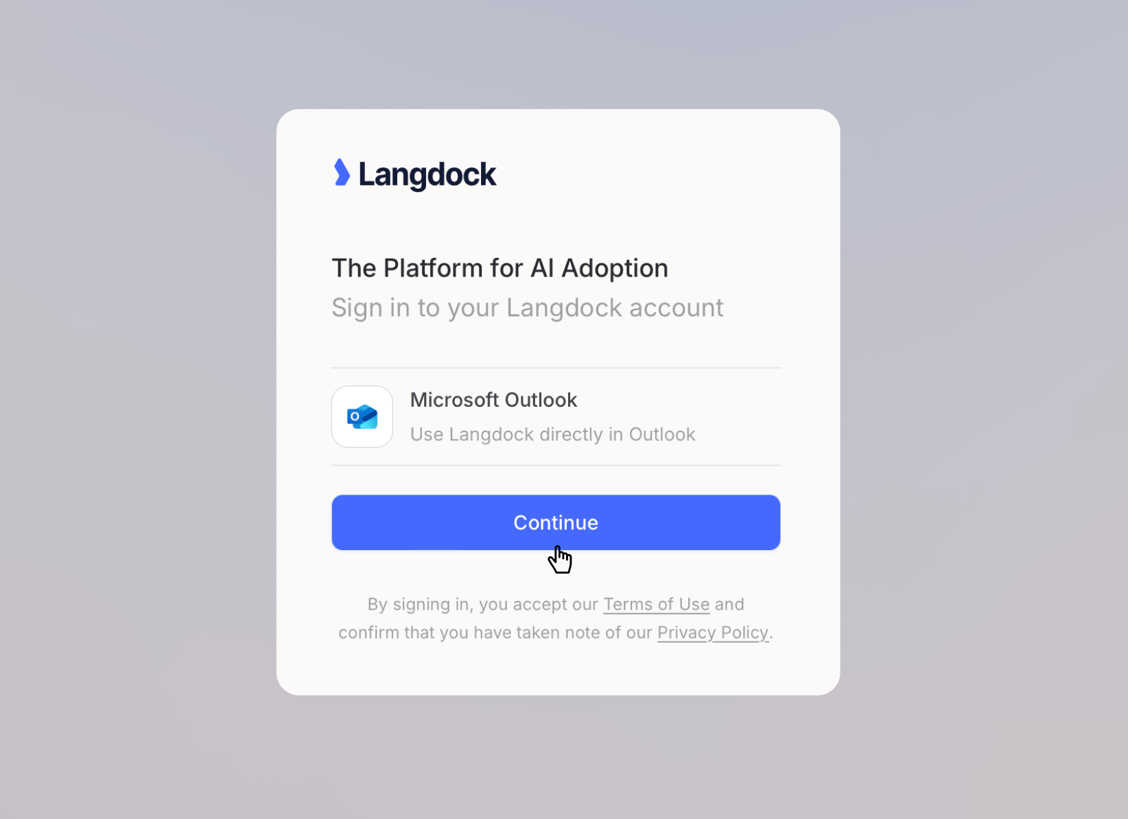 Langdock sign-in screen for Microsoft Outlook with the Continue button