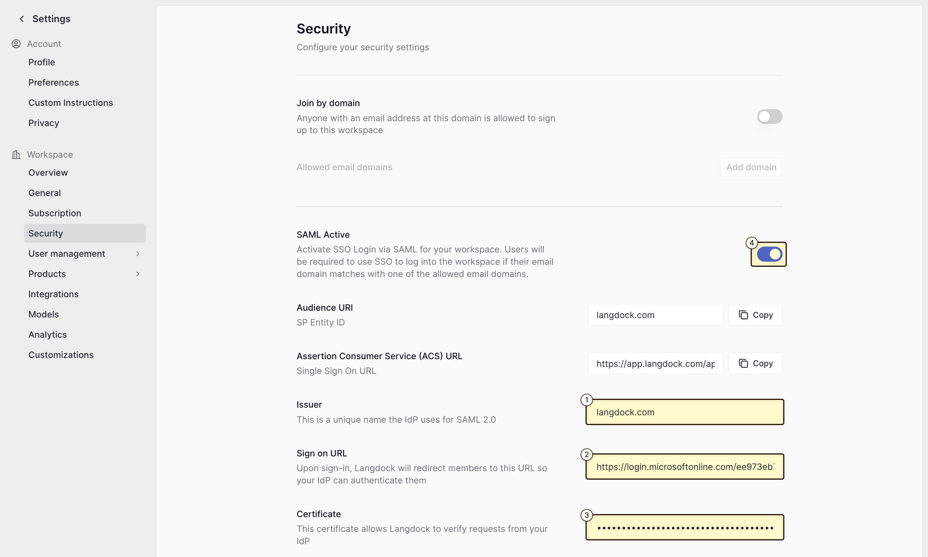 Base the Certificate, Sign on URL and Issuer into langdock
