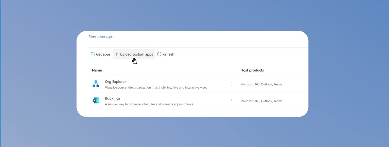 Integrated apps Seite mit ausgewähltem Upload custom apps Button