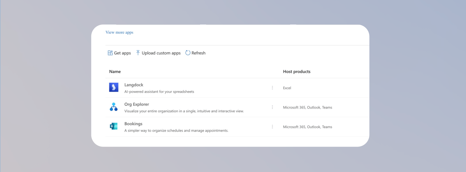Integrated apps Übersichtsseite mit bereitgestelltem Langdock Add-in