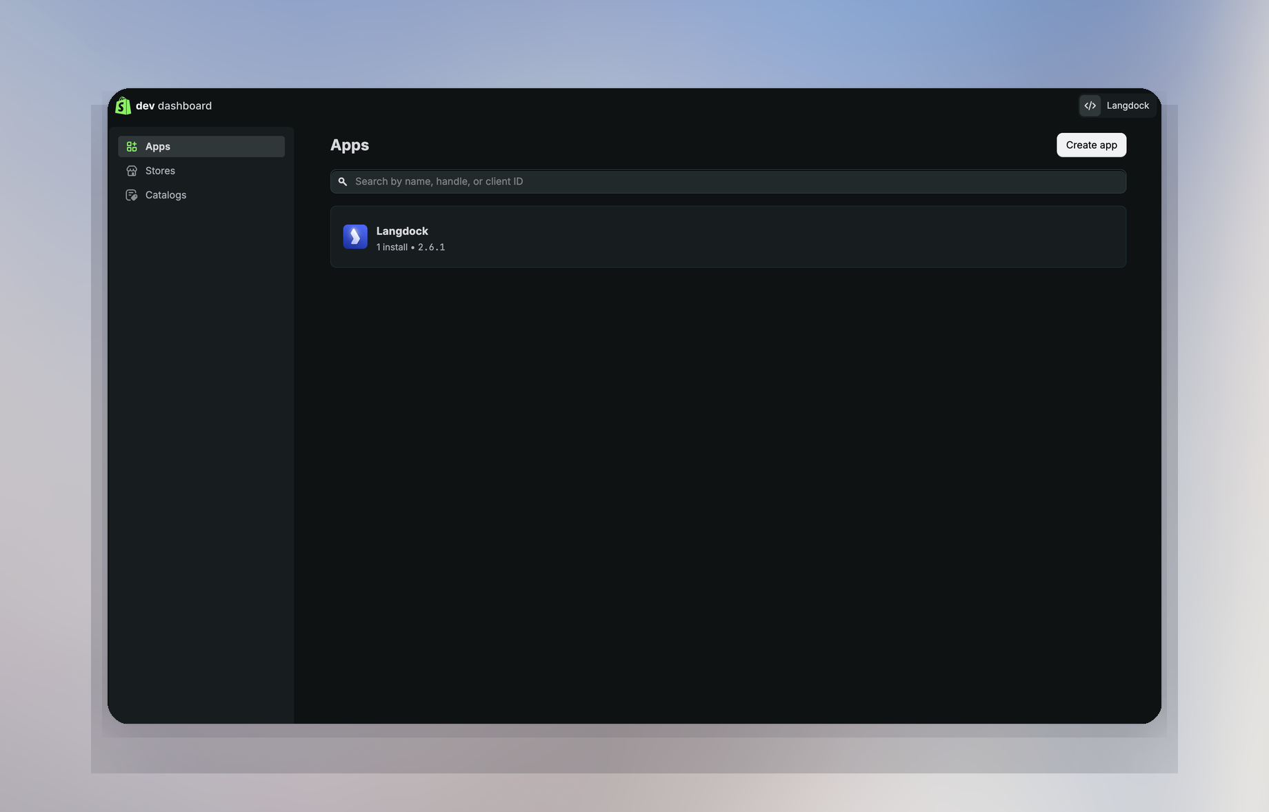 Shopify Dev Dashboard Apps-Seite mit dem Button Create app