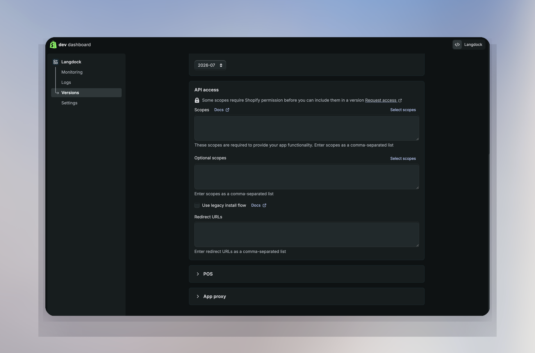 API access Einstellungen mit den Feldern Scopes und Redirect URLs