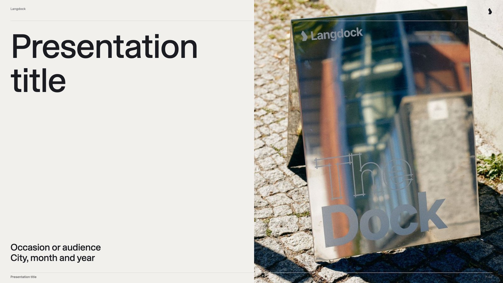 Title slide with a two-line title and an occasion line on the left and a brand photo on the right half