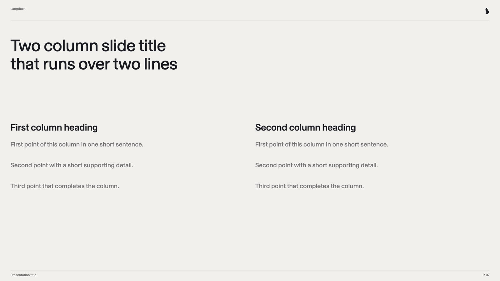Two-column slide with a heading and three short points per column