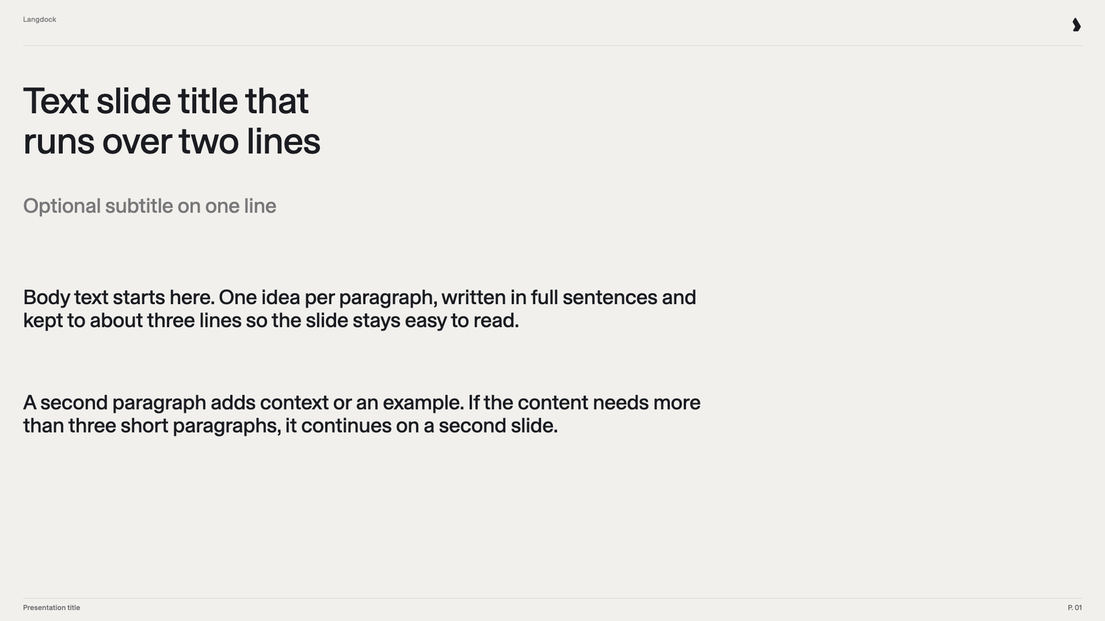Text slide with title, subtitle and two paragraphs