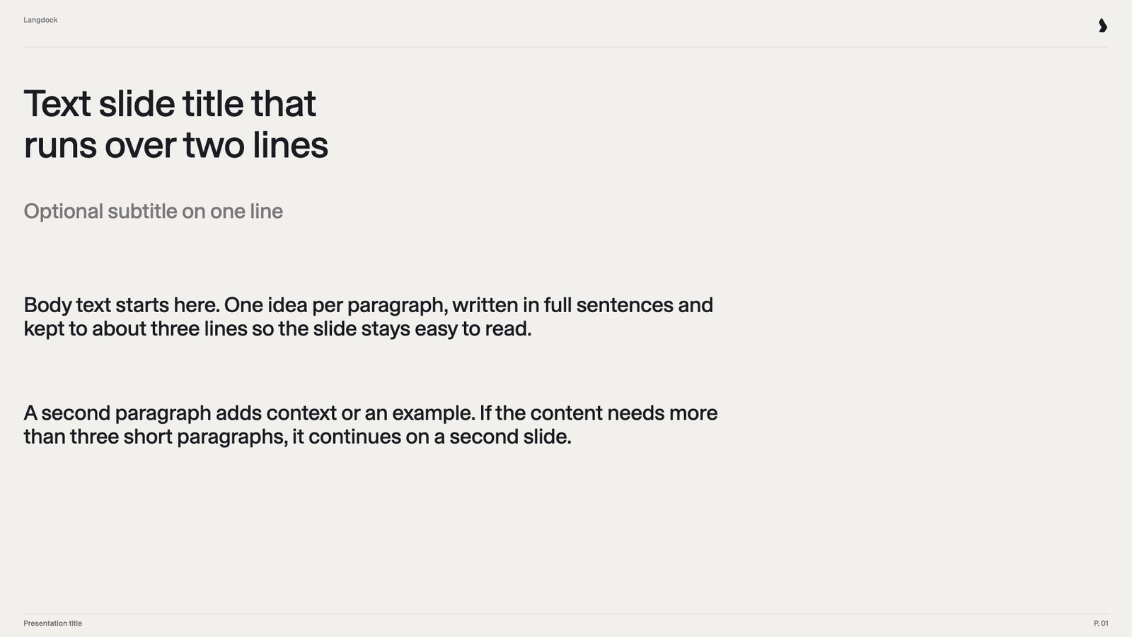 Text slide with title, subtitle and two paragraphs