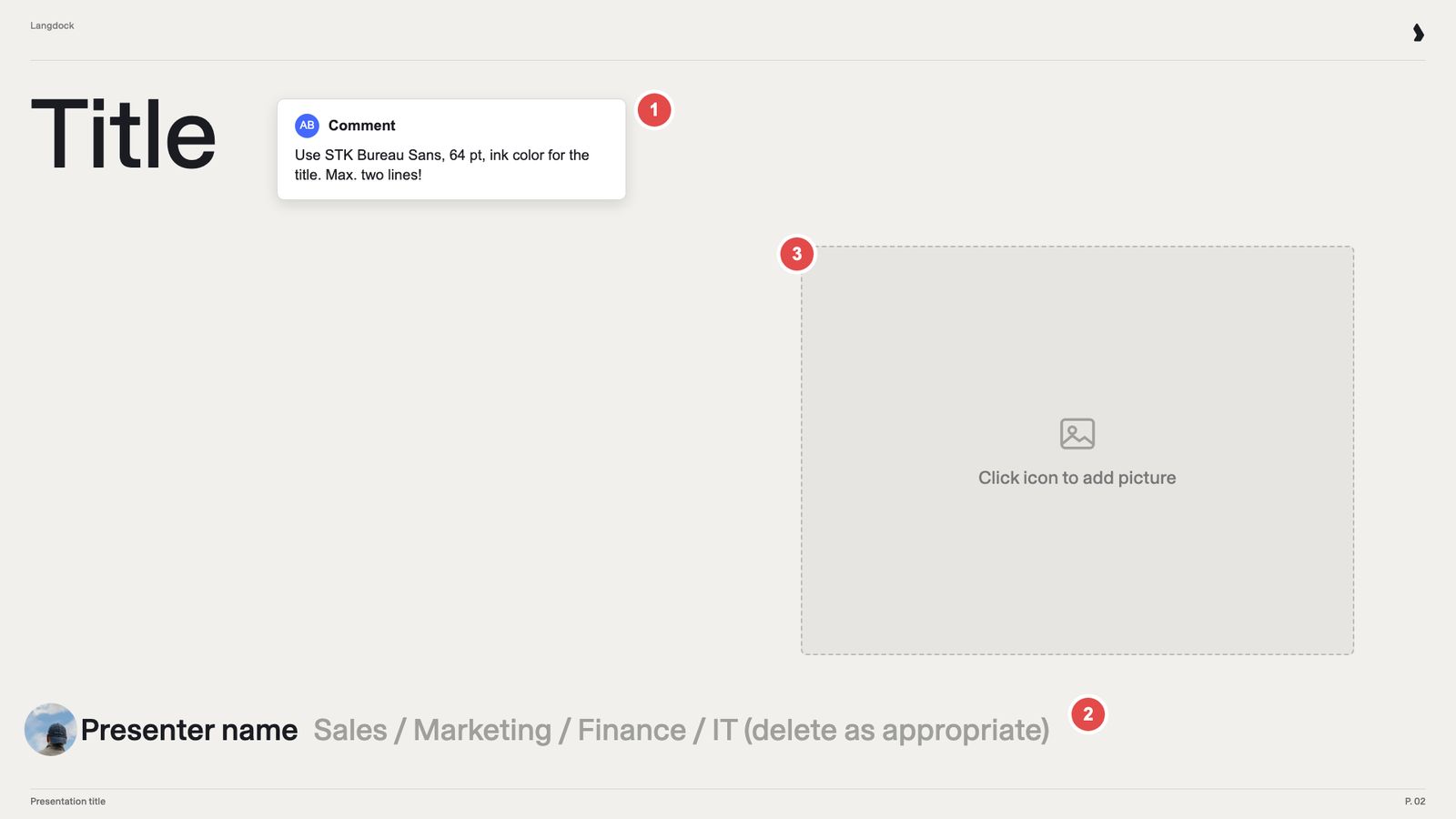 Title slide with a font comment, a team picker and an empty picture placeholder, marked 1 to 3