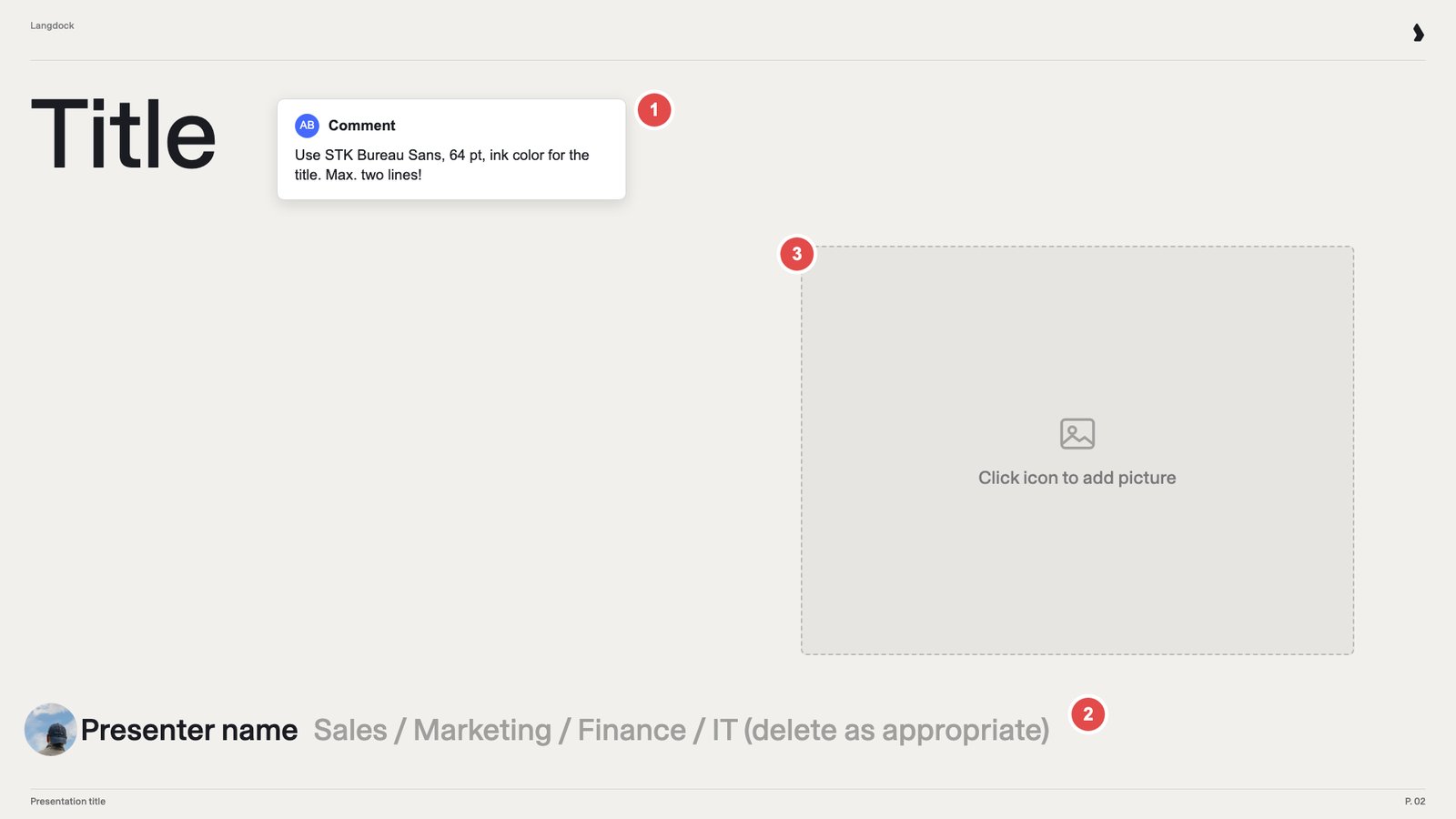 Title slide with a font comment, a team picker and an empty picture placeholder, marked 1 to 3