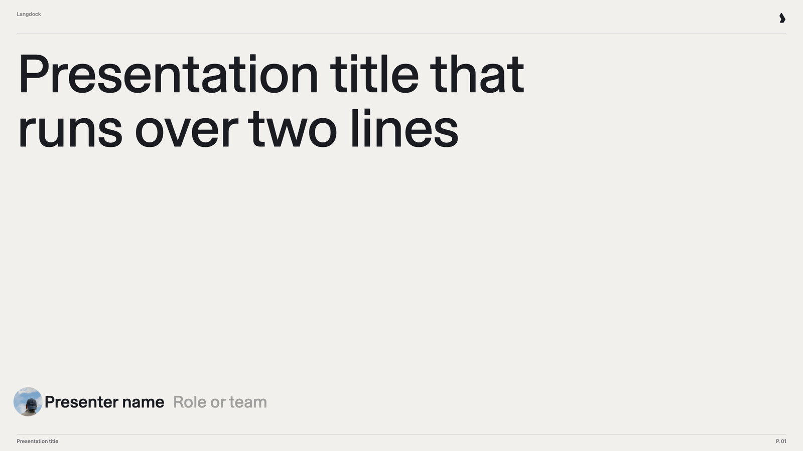 Title slide with a two-line placeholder title and a presenter line