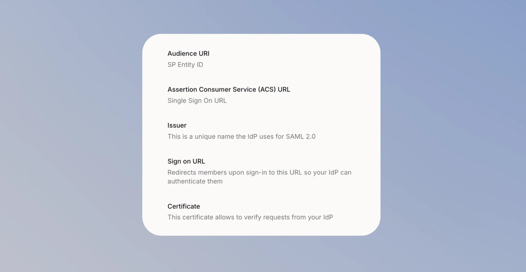 SAML configuration fields for identity provider information