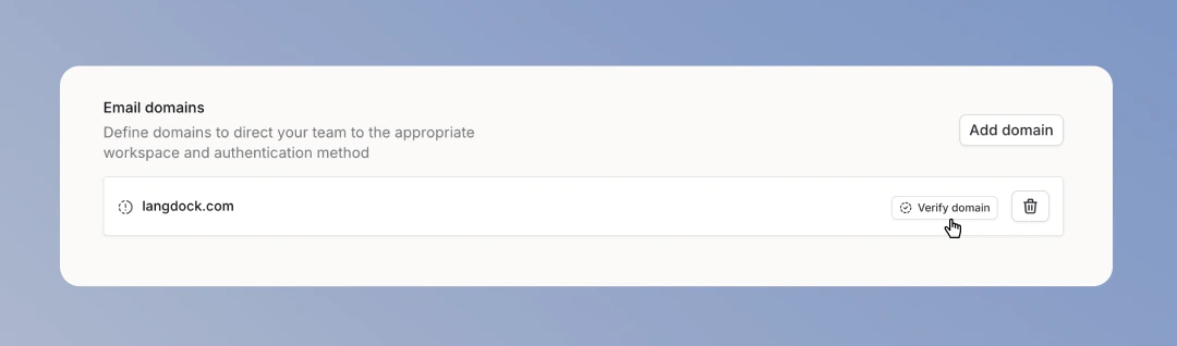 Verify domain button for an added email domain