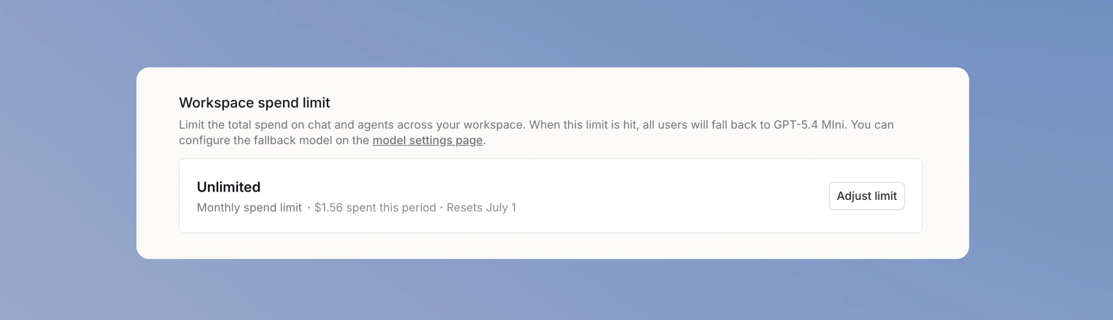 Workspace spend limit card with the Adjust limit button