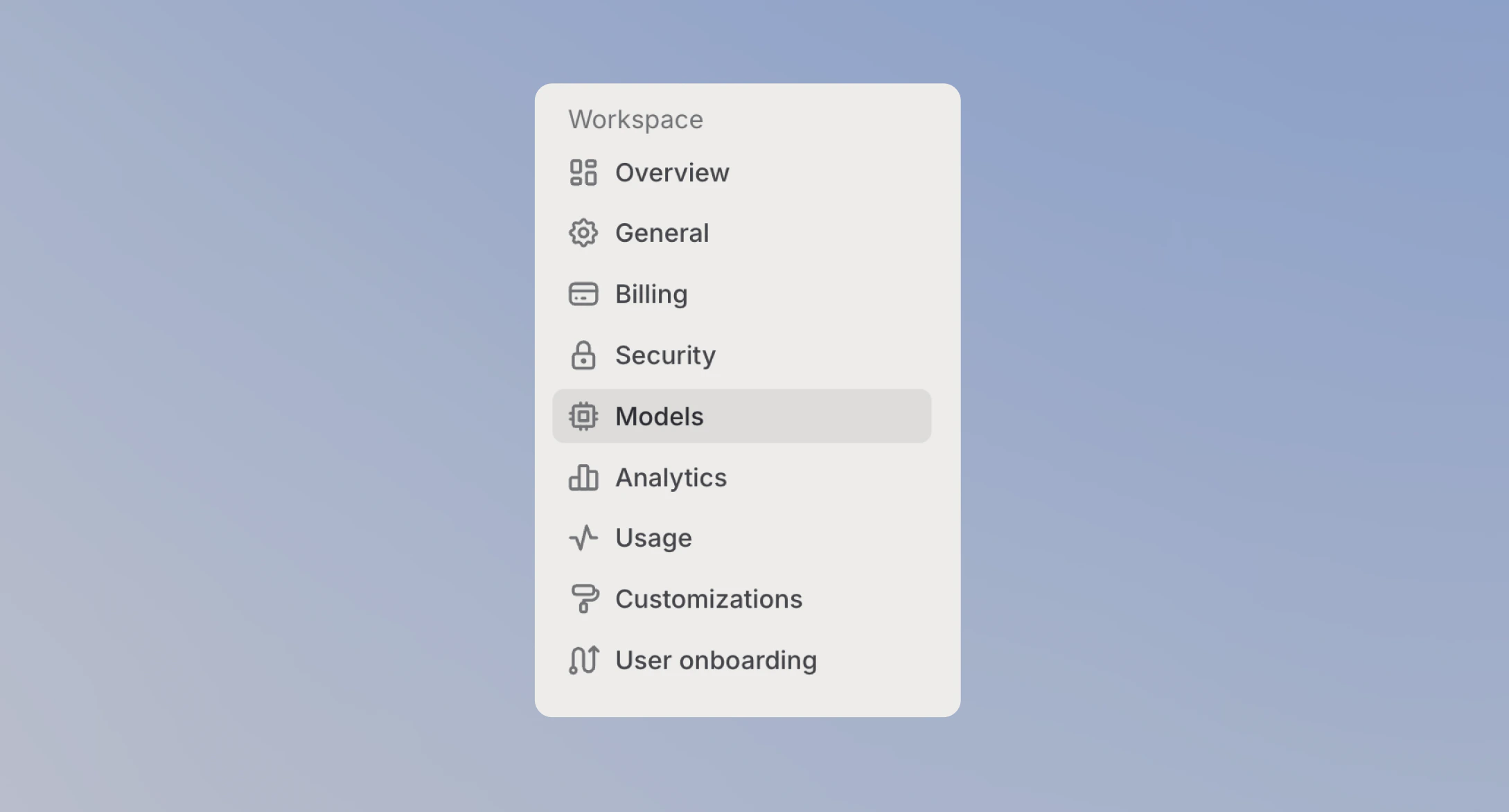 Workspace settings navigation with the Models section selected