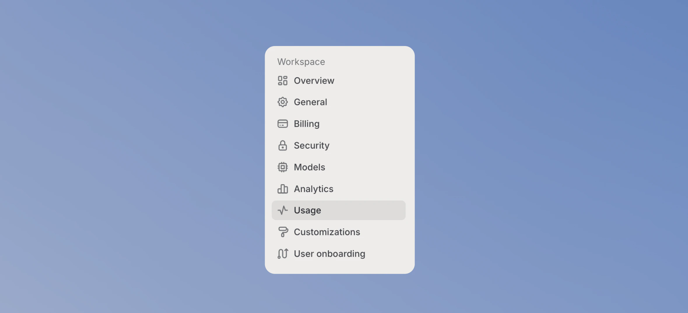 Workspace settings navigation with the Usage section selected
