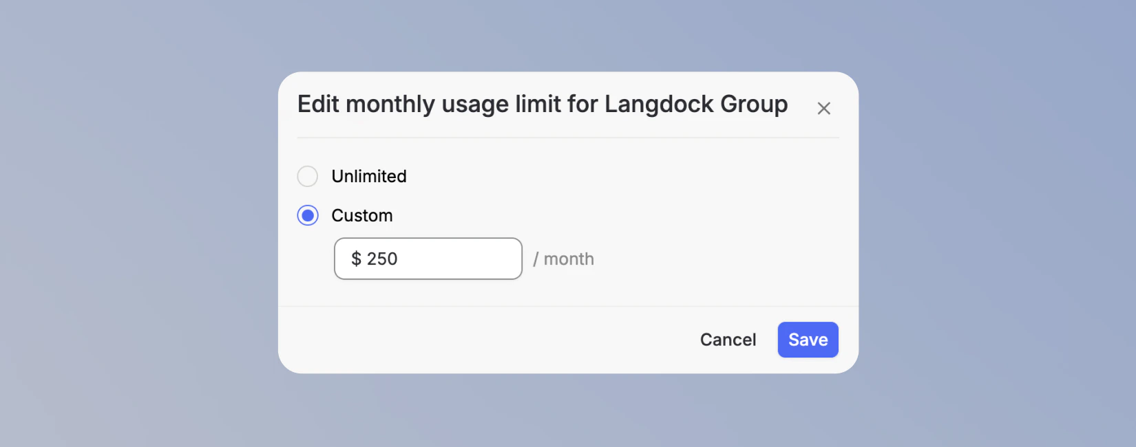 Edit monthly usage limit dialog for a group with Unlimited and Custom options