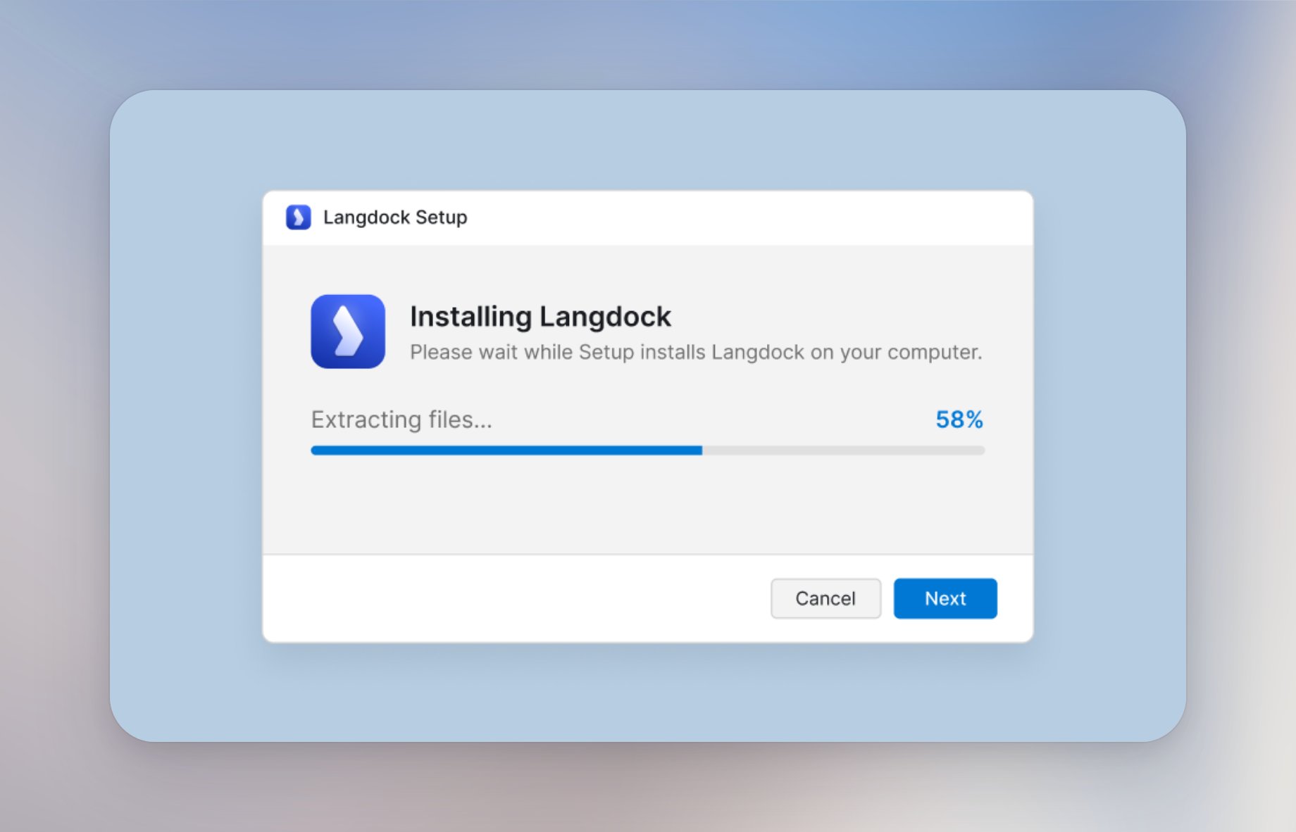 Langdock Setup window showing Installing Langdock with a progress bar
