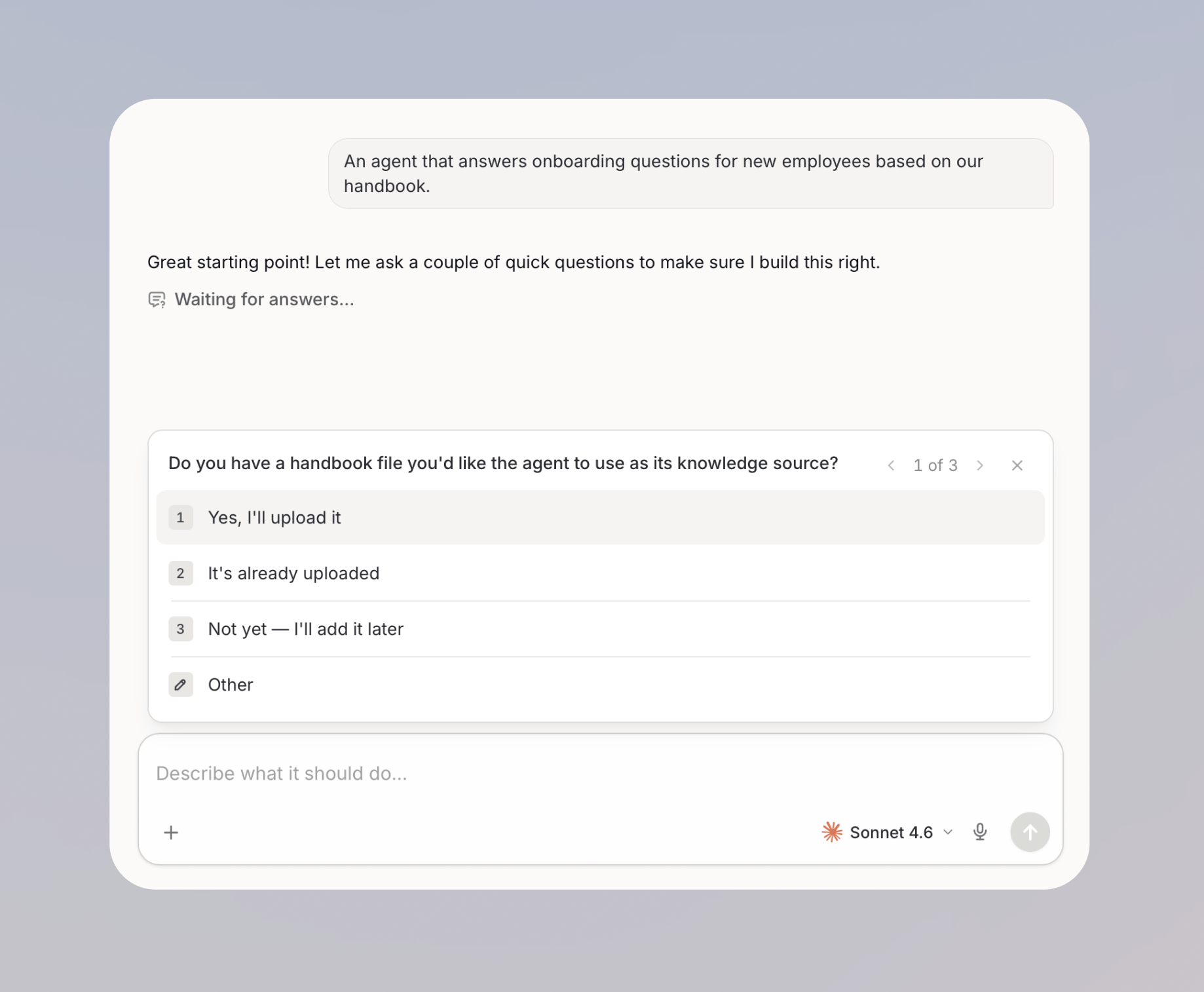 Builder-Chat mit Rückfrage zur Wissensquelle und auswählbaren Antwortoptionen
