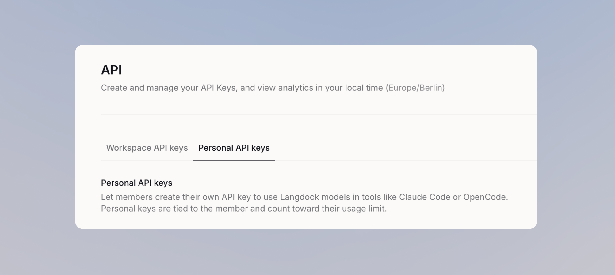 API settings showing the Workspace API keys and Personal API keys tabs, with the Personal API keys tab selected