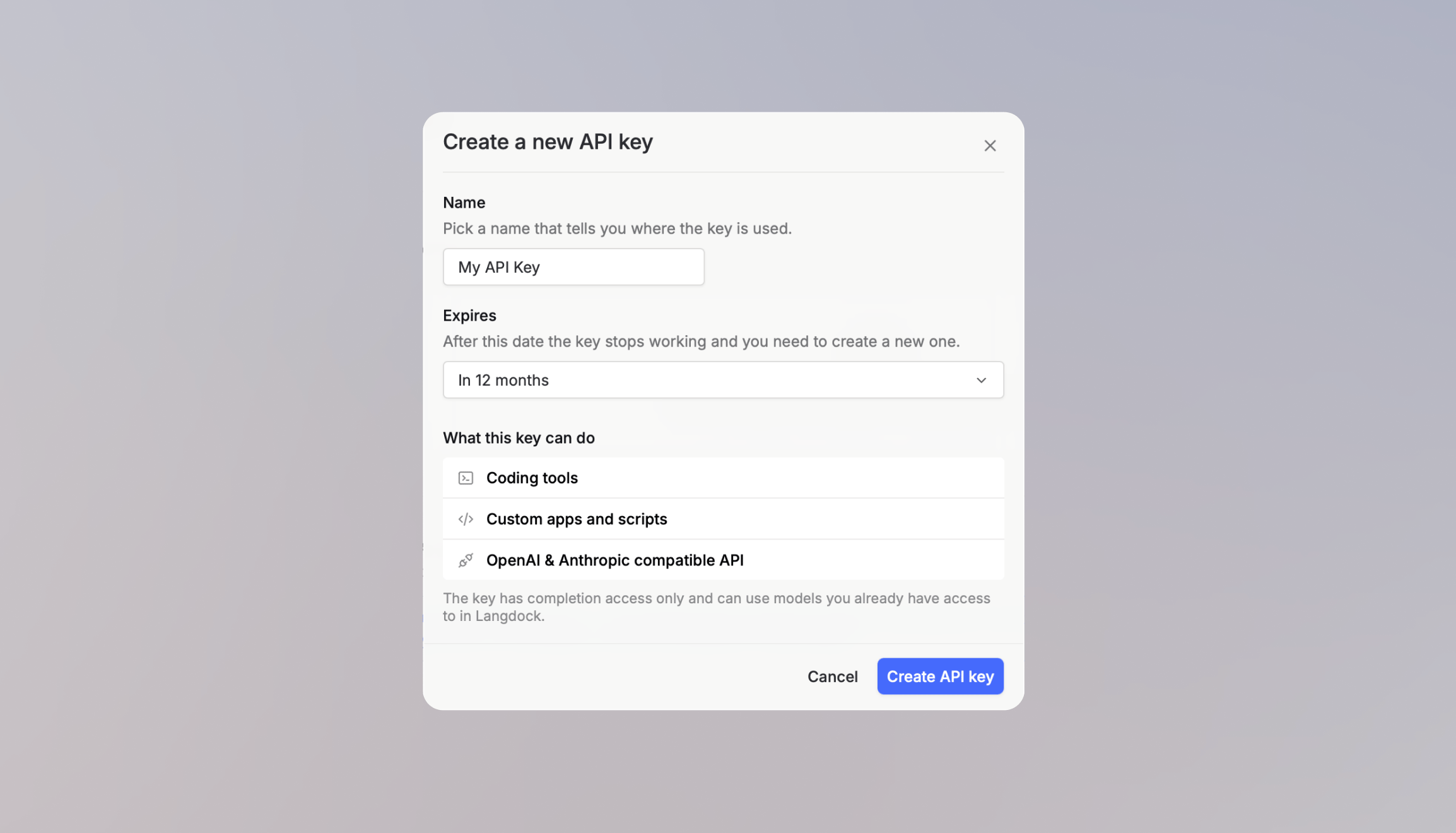 Dialog zum Erstellen eines neuen API-Keys mit Feldern für Name und Ablaufdatum und einer Übersicht, was der Key kann