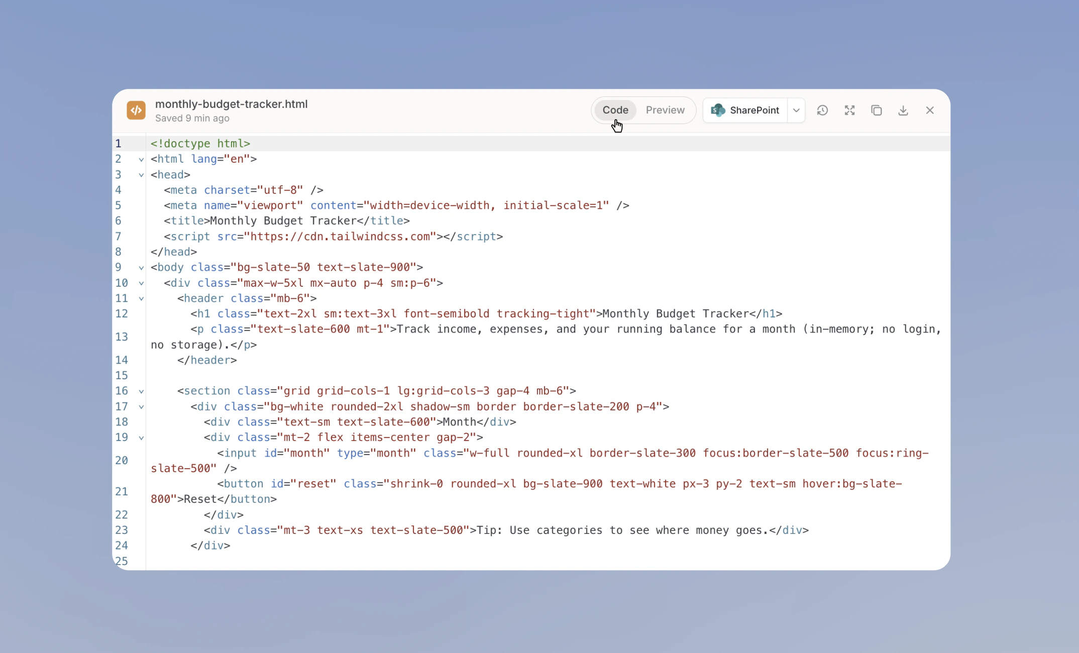 Code view in the Code Editor showing the HTML source of a monthly budget tracker