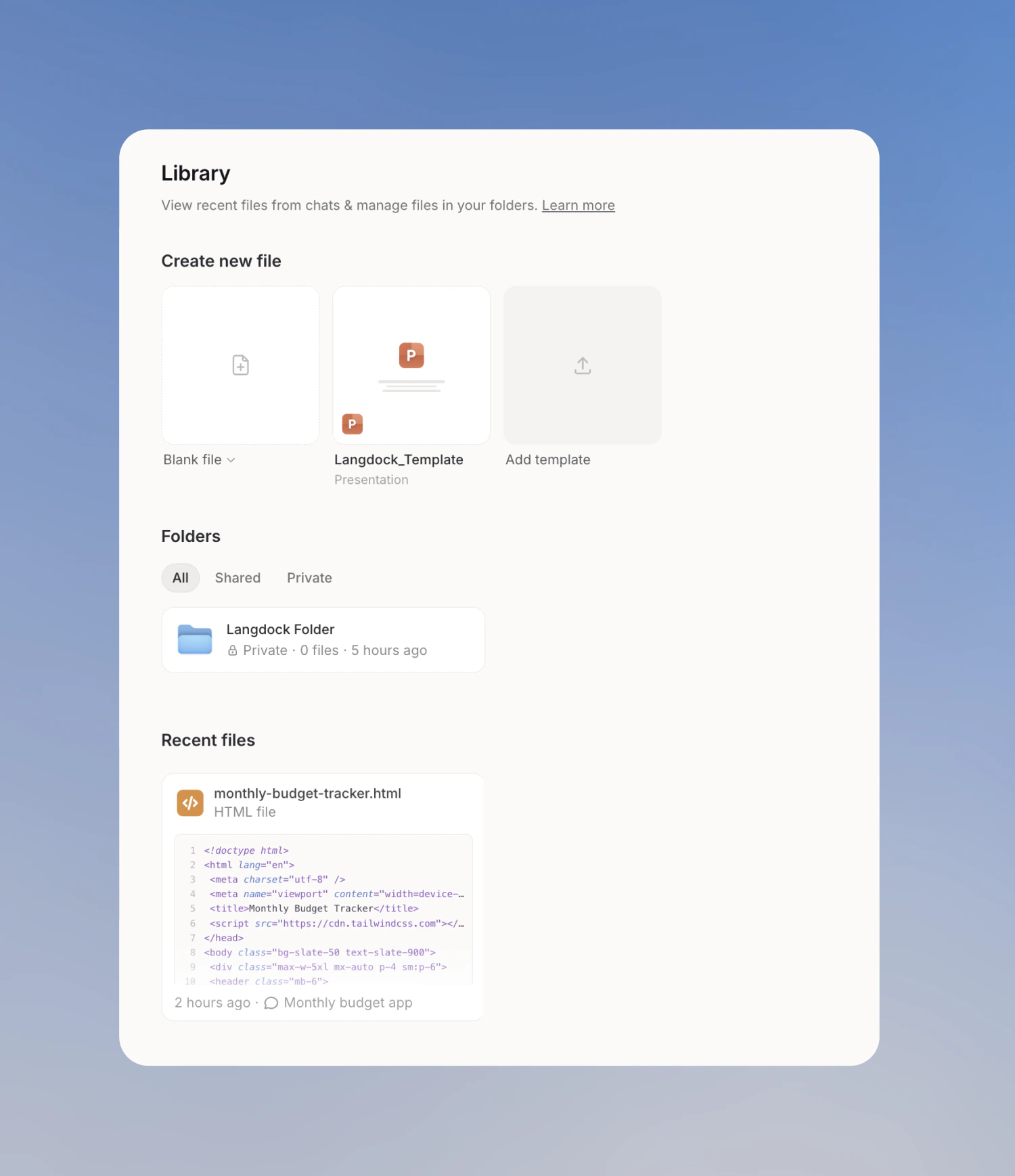 Library view showing a code file created in the Code Editor under Recent files