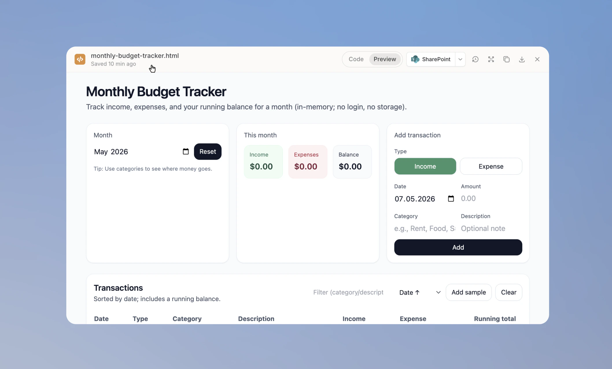 Preview view in the Code Editor showing a running Monthly Budget Tracker