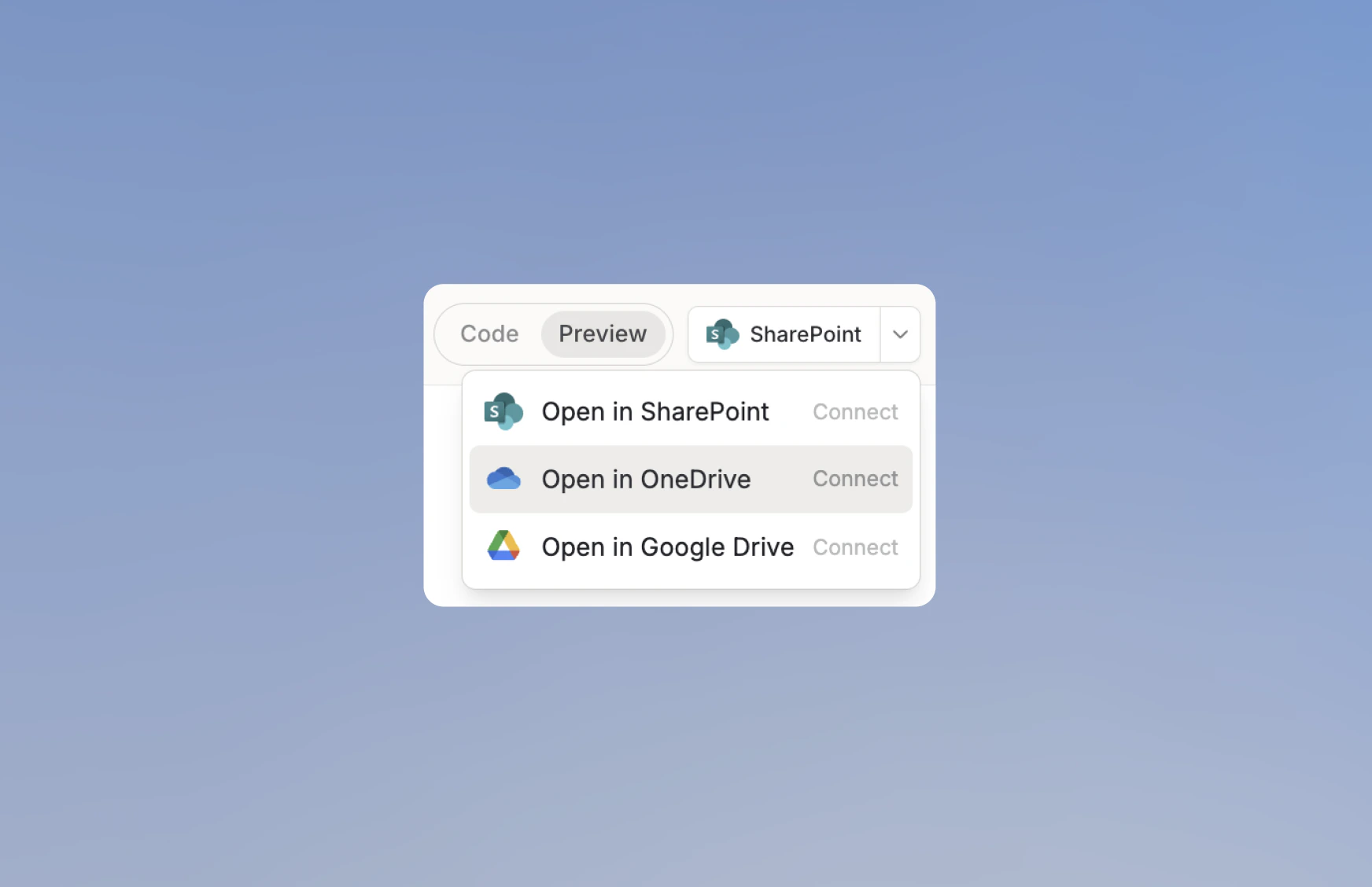 External storage dropdown in the Code Editor showing Open in SharePoint, Open in OneDrive, and Open in Google Drive with Connect options