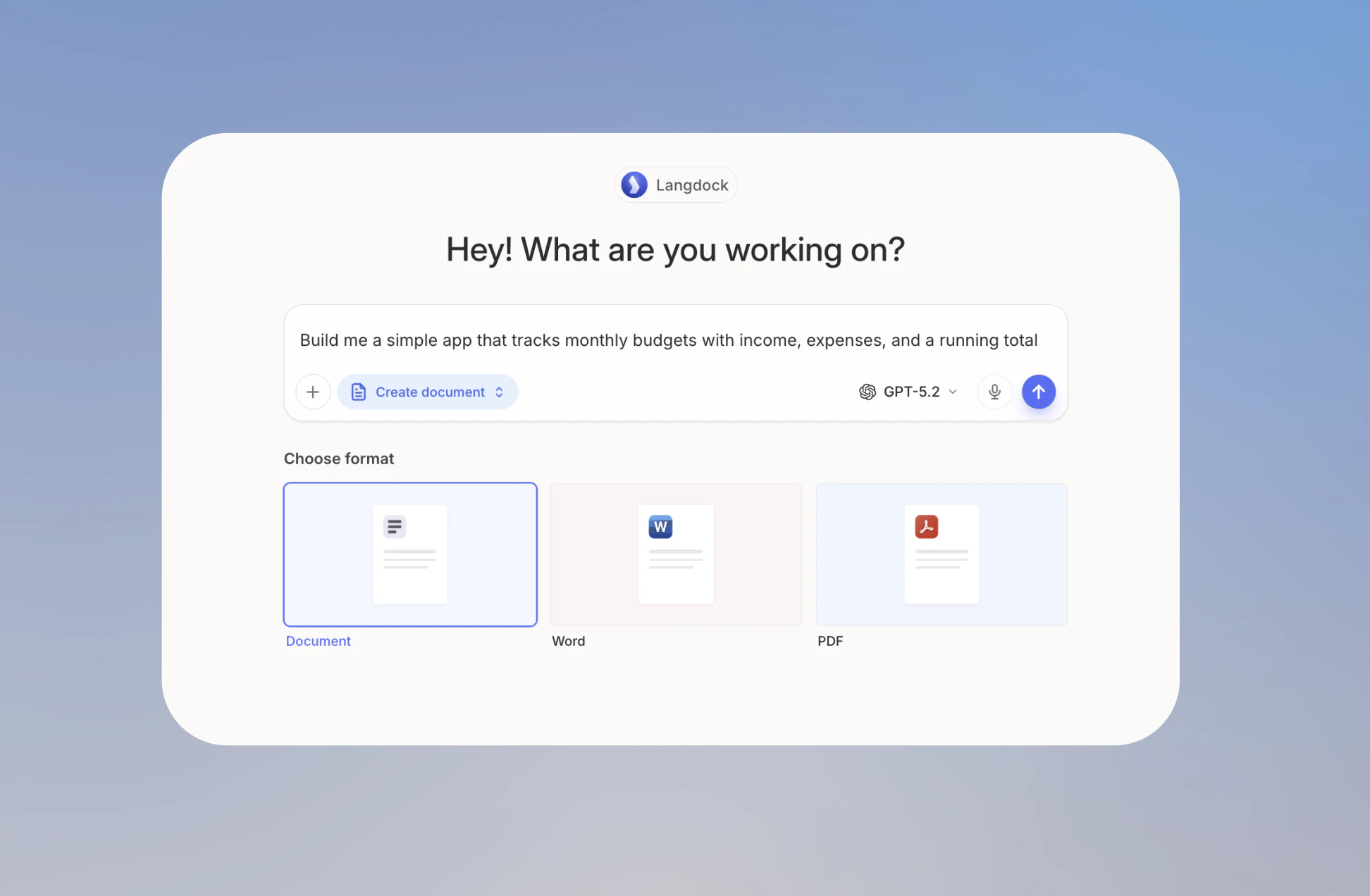 Chat input bar with a code prompt and the Create document button active
