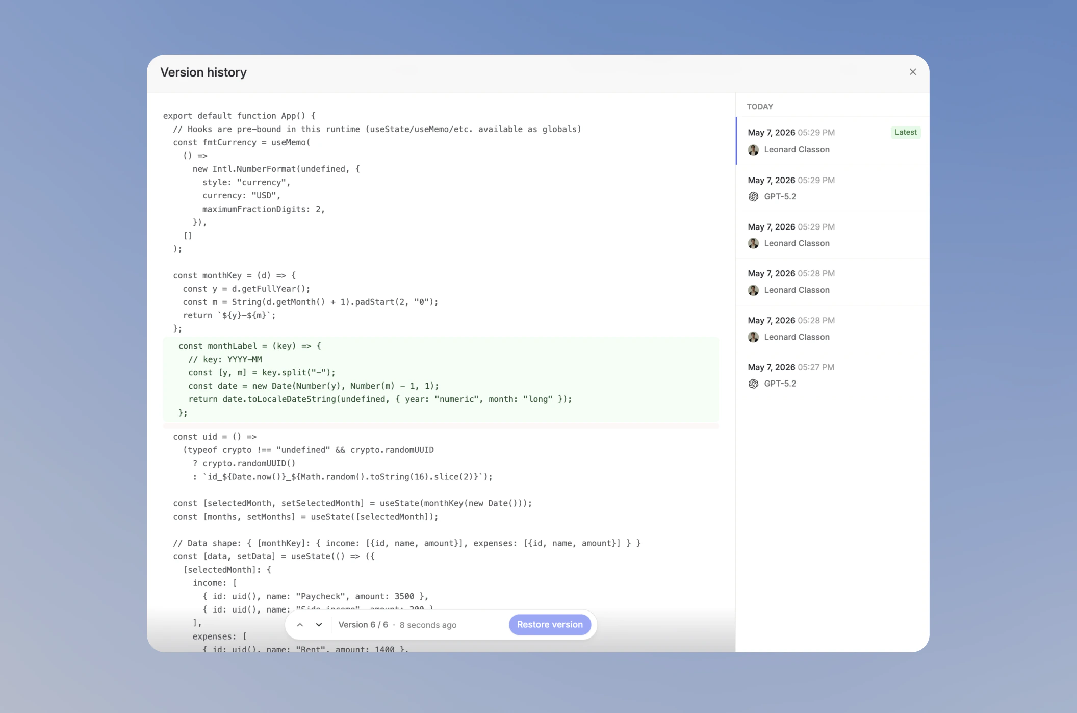 Version history dialog for a code file showing a code diff view and versions attributed to the user and AI