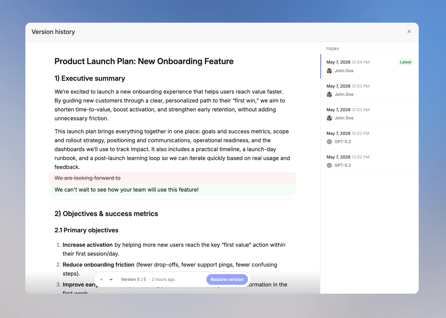 Version history dialog showing a diff view of changes alongside a list of versions attributed to the user and AI