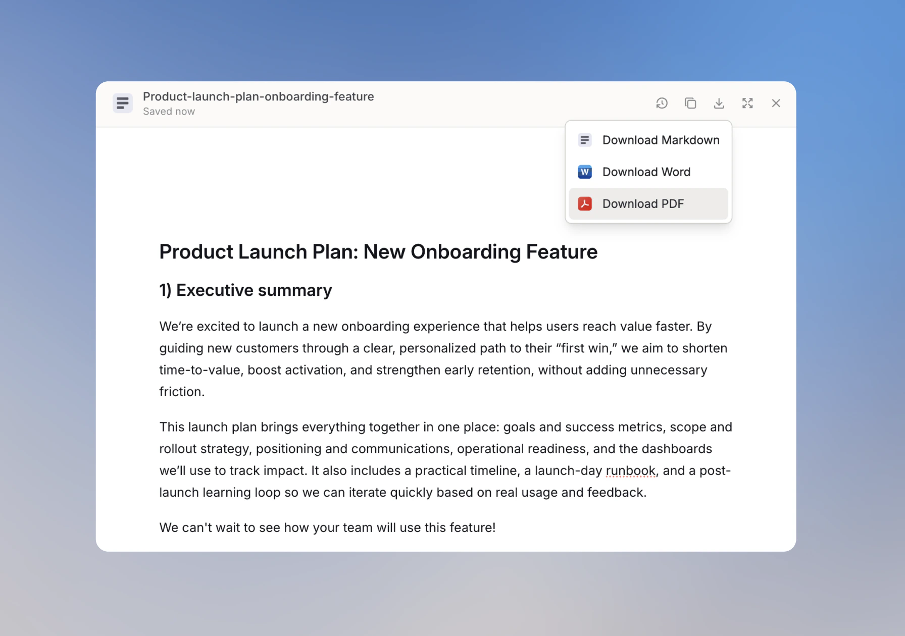 Download menu open in the Document Editor top bar showing Download Markdown, Download Word, and Download PDF options