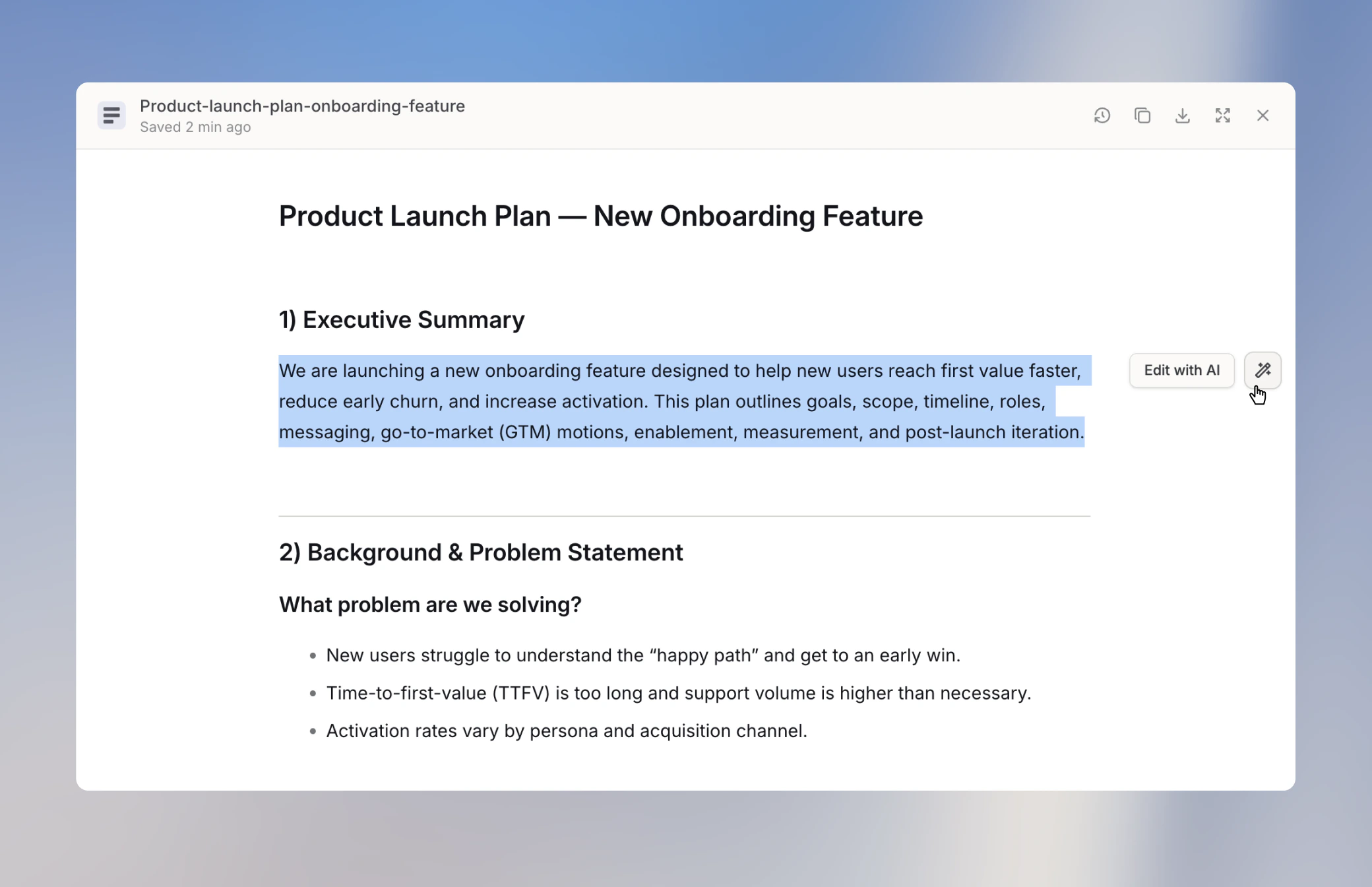 Text selected in the Document Editor with the Edit with AI button appearing to the right