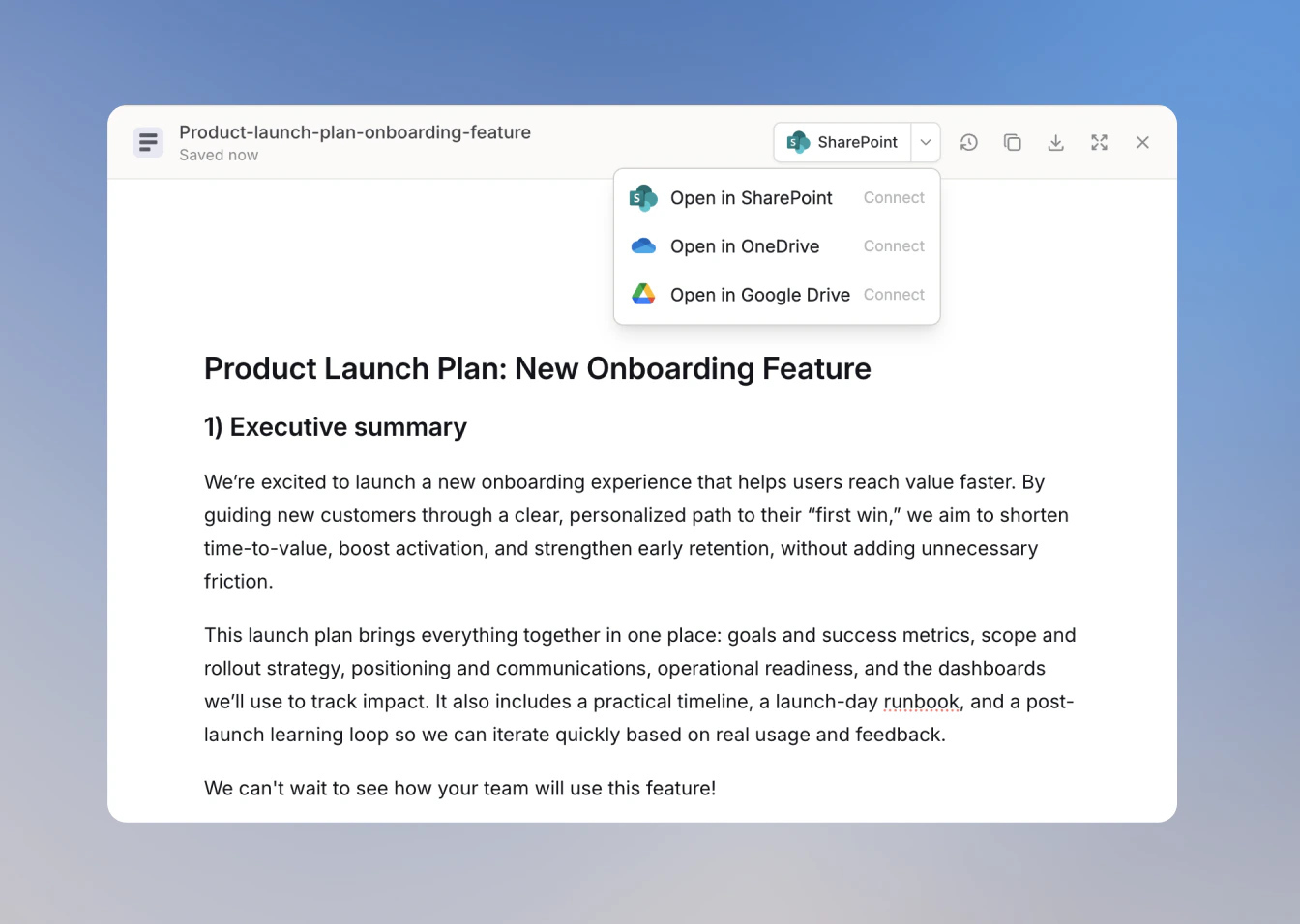 External storage dropdown showing Open in SharePoint, Open in OneDrive, and Open in Google Drive with Connect options