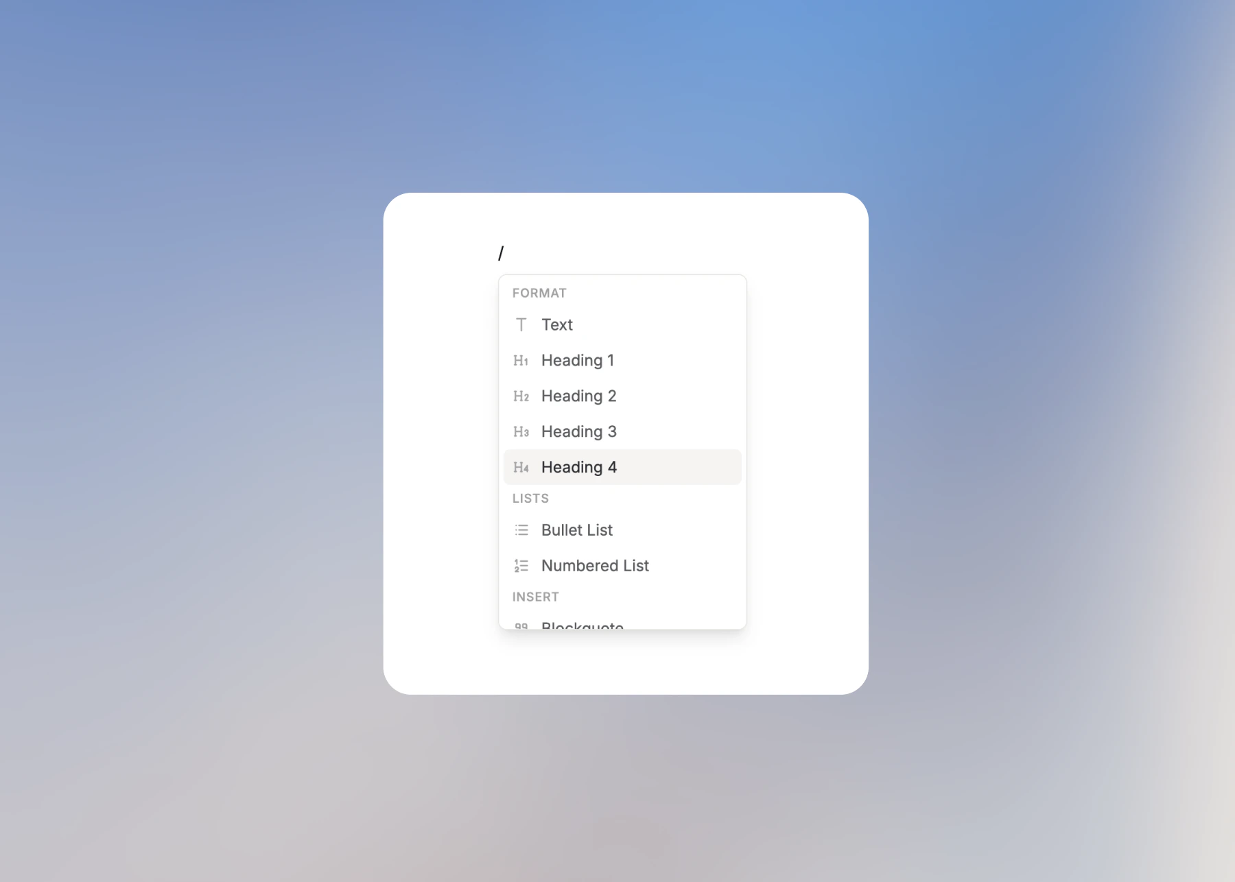 Slash command menu open in the Document Editor showing Format, Lists, and Insert groups