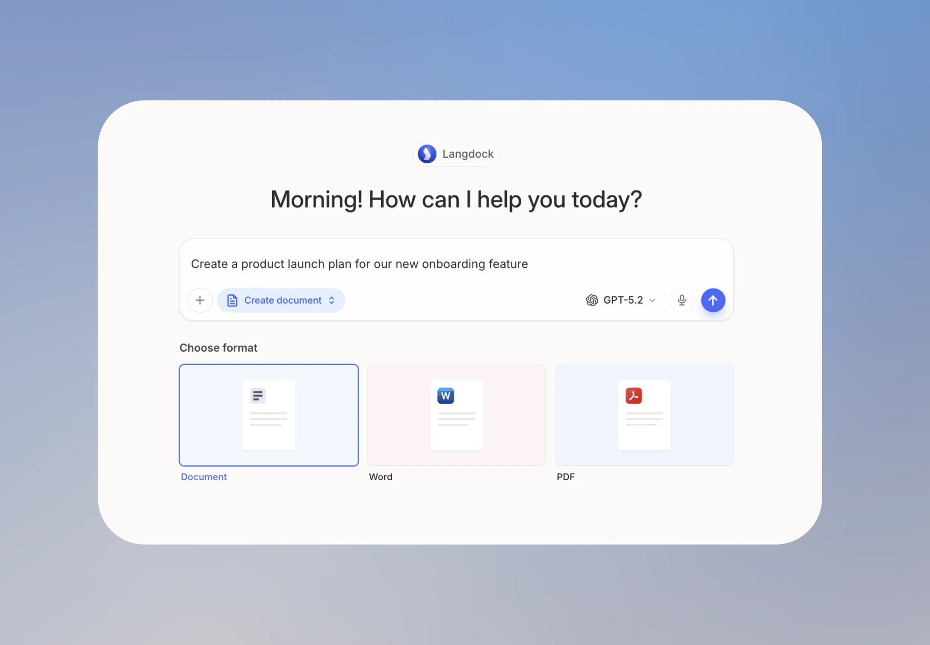Chat input bar with Create document active and the format selector showing Document, Word, and PDF options