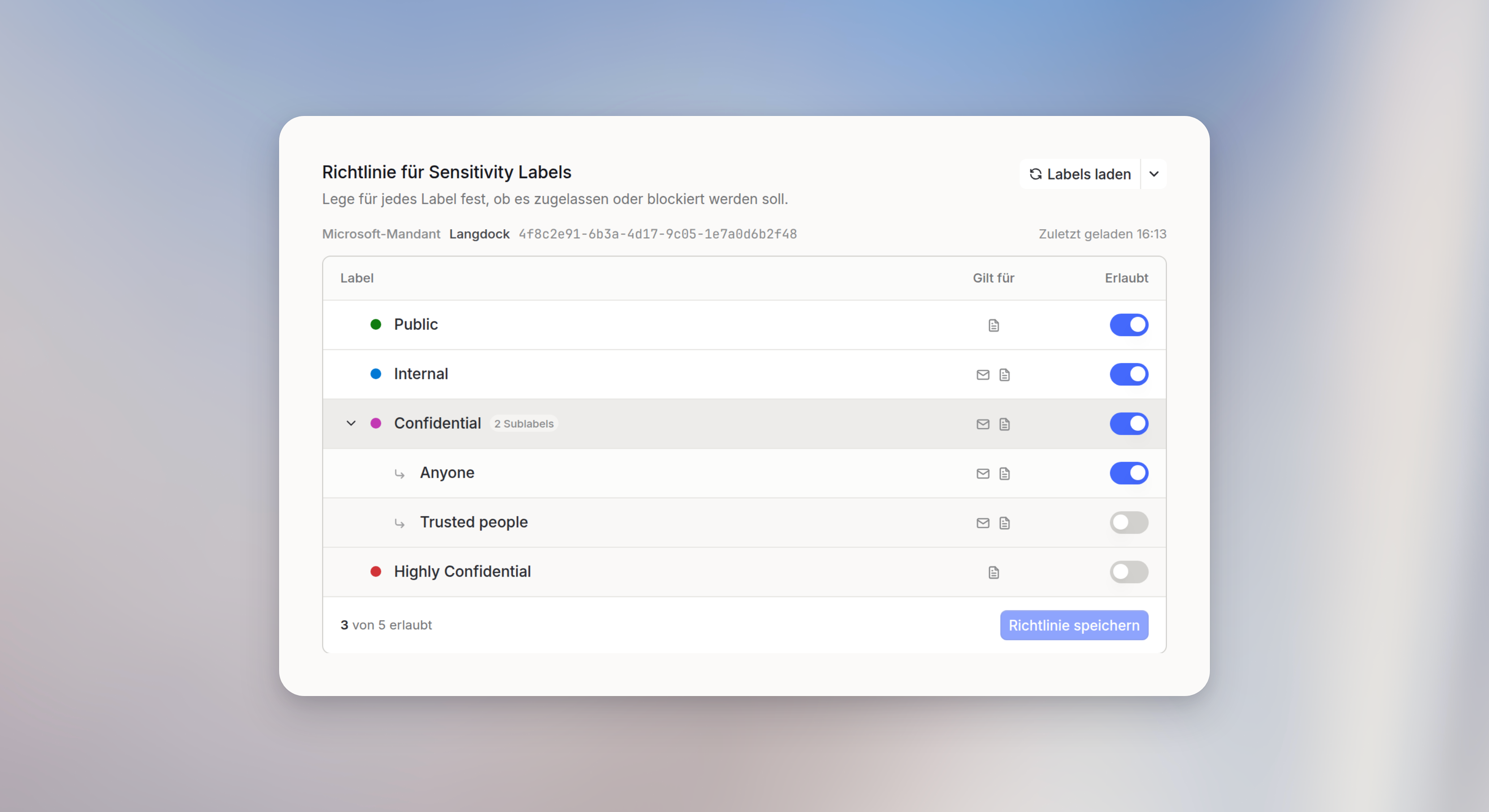 Richtlinie für Sensitivity Labels von Langdock, Confidential aufgeklappt, Anyone erlaubt und Trusted people blockiert