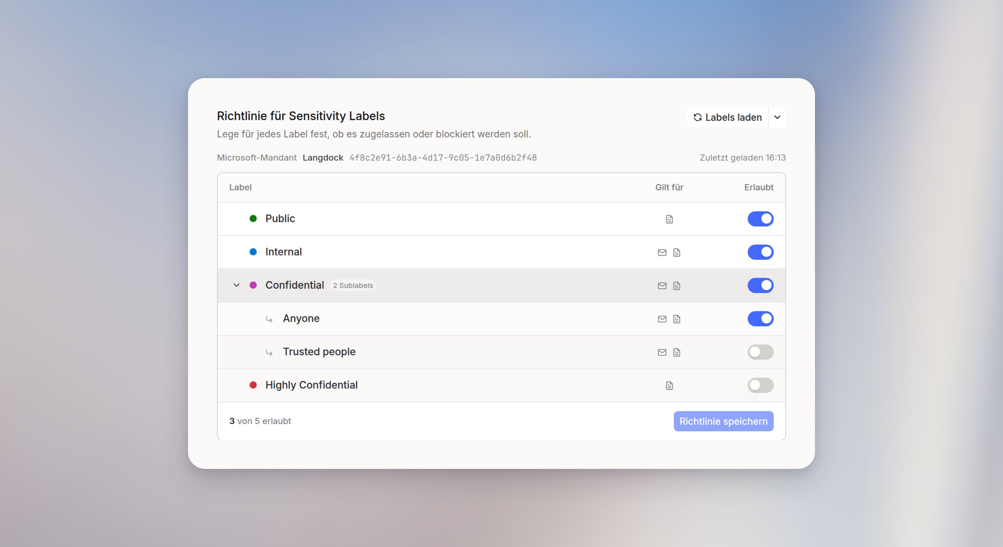 Richtlinie für Sensitivity Labels von Langdock, Confidential aufgeklappt, Anyone erlaubt und Trusted people blockiert