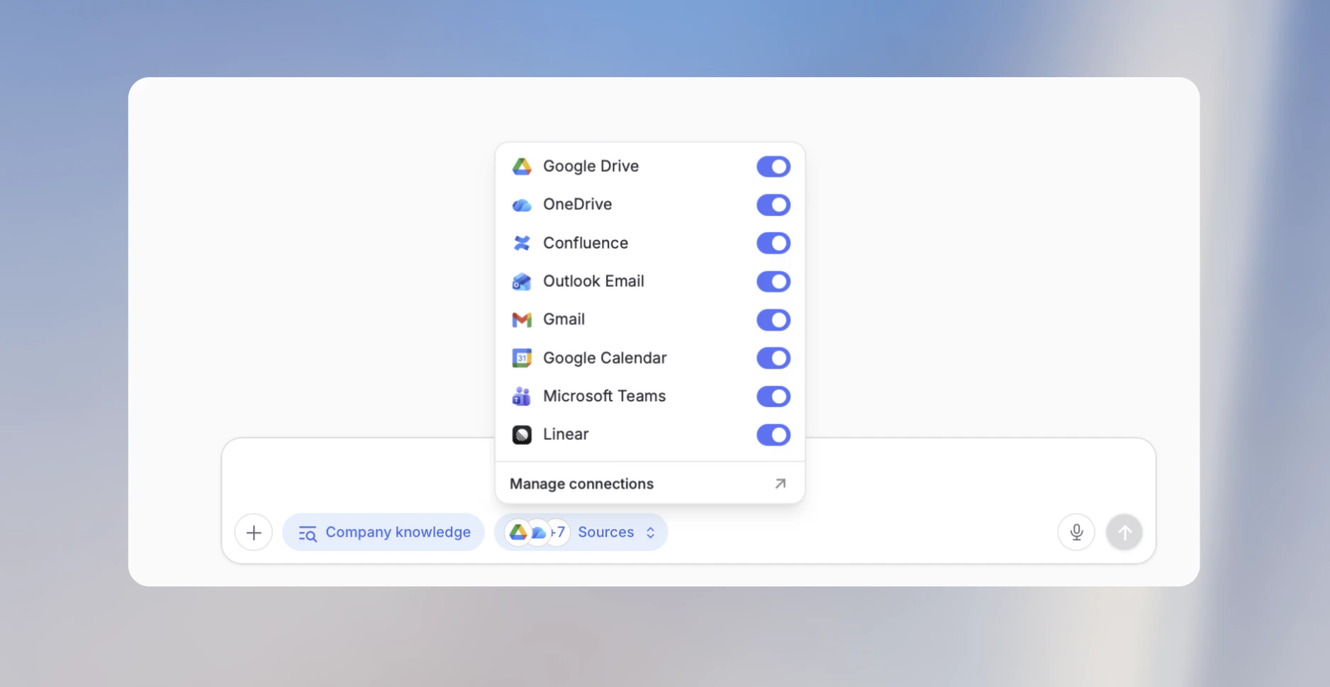 Integration selector showing available sources with toggles