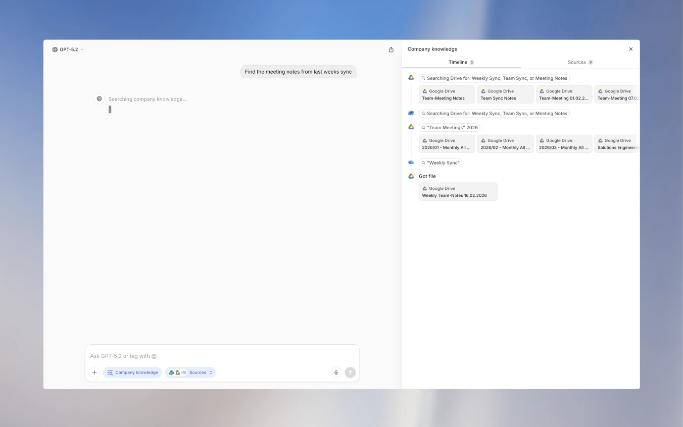 Timeline panel showing search progress across multiple integrations