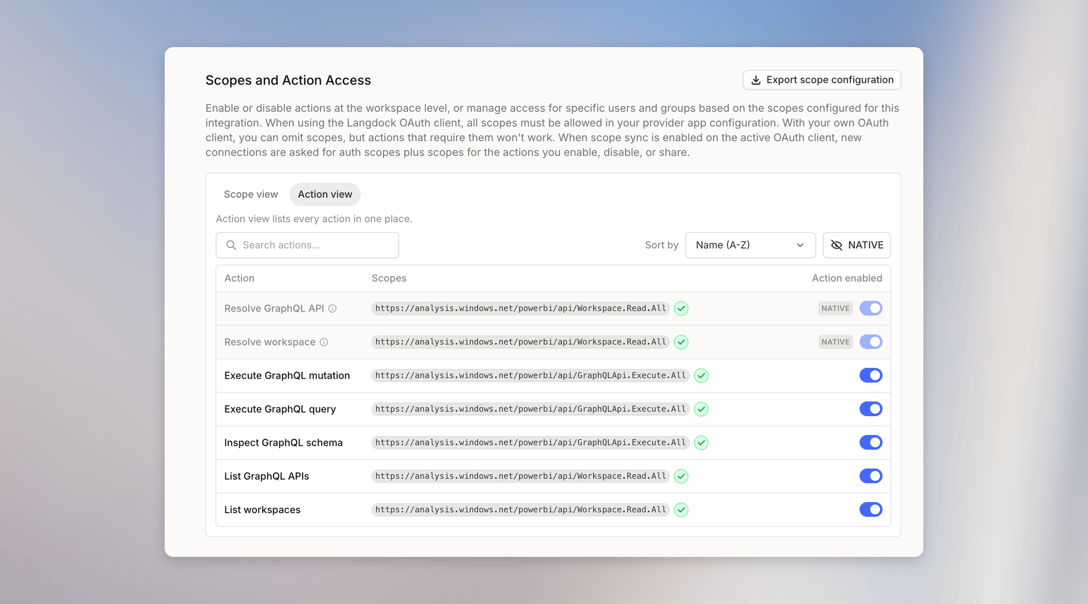 Microsoft Fabric read and mutation actions enabled separately in Langdock workspace settings