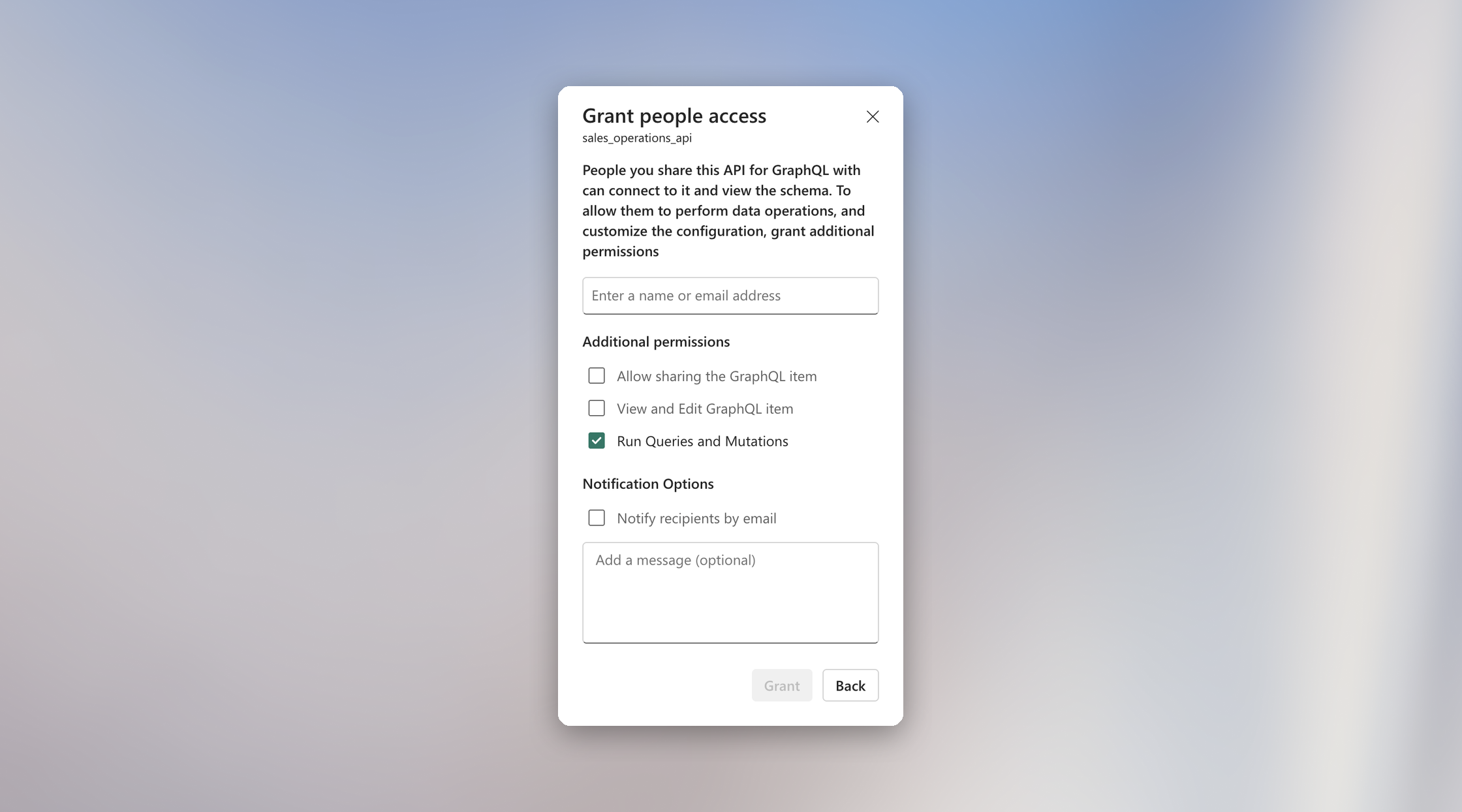 Selected Run Queries and Mutations permission in the Microsoft Fabric API for GraphQL grant dialog