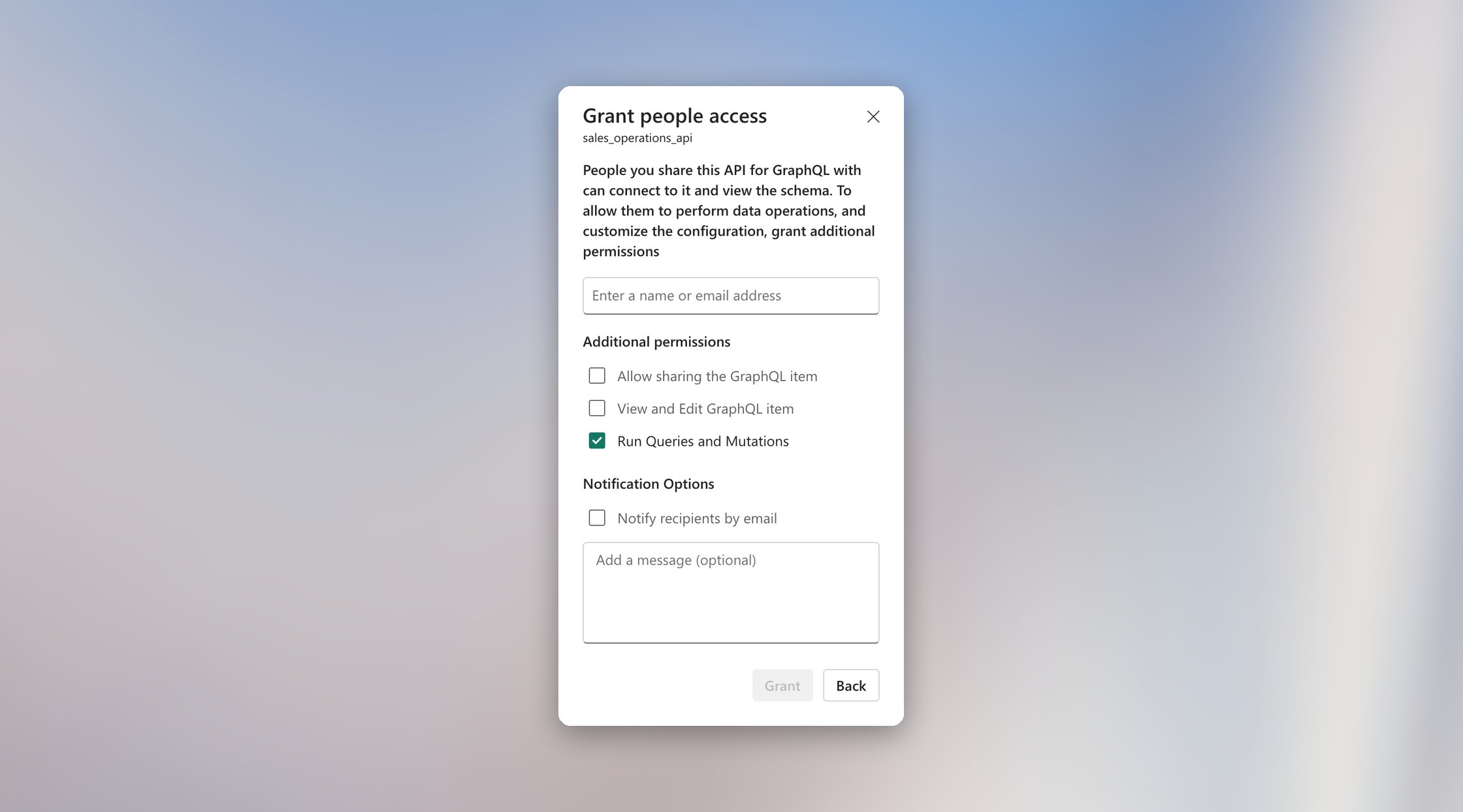 Selected Run Queries and Mutations permission in the Microsoft Fabric API for GraphQL grant dialog