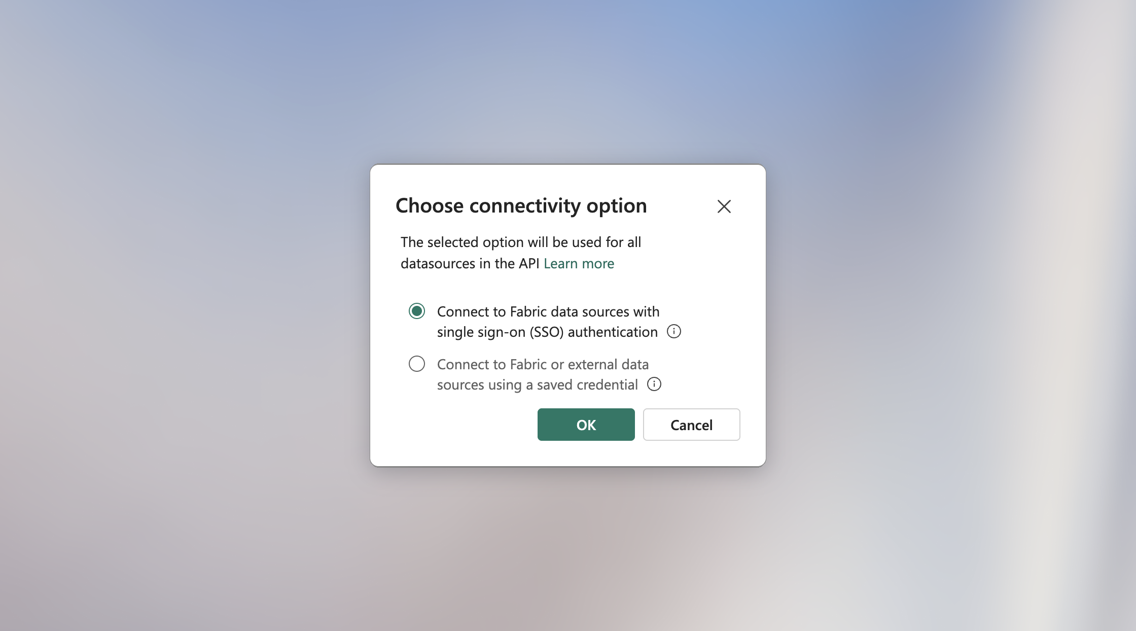 Microsoft Fabric connectivity dialog with single sign-on selected