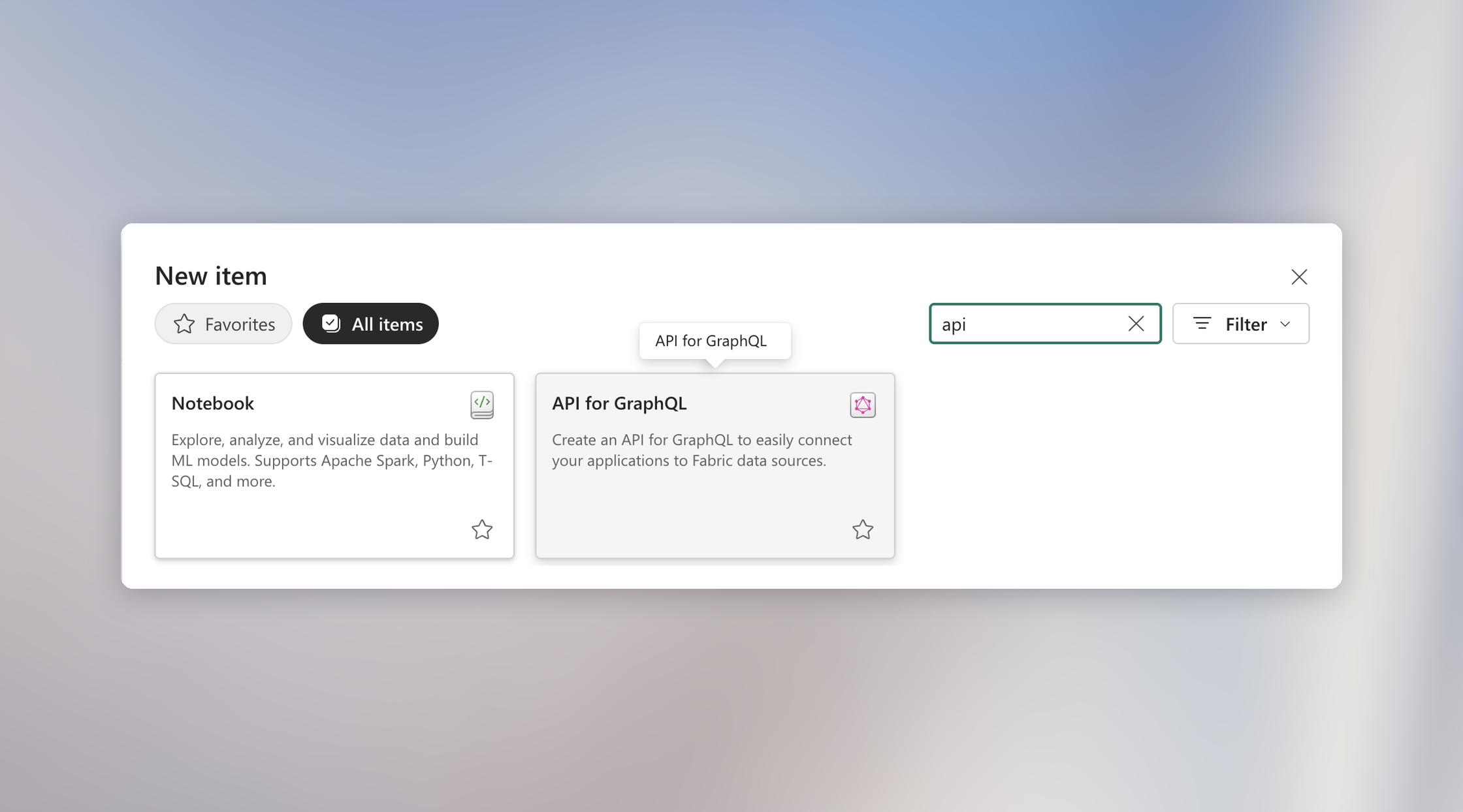 API for GraphQL in the Microsoft Fabric New item panel