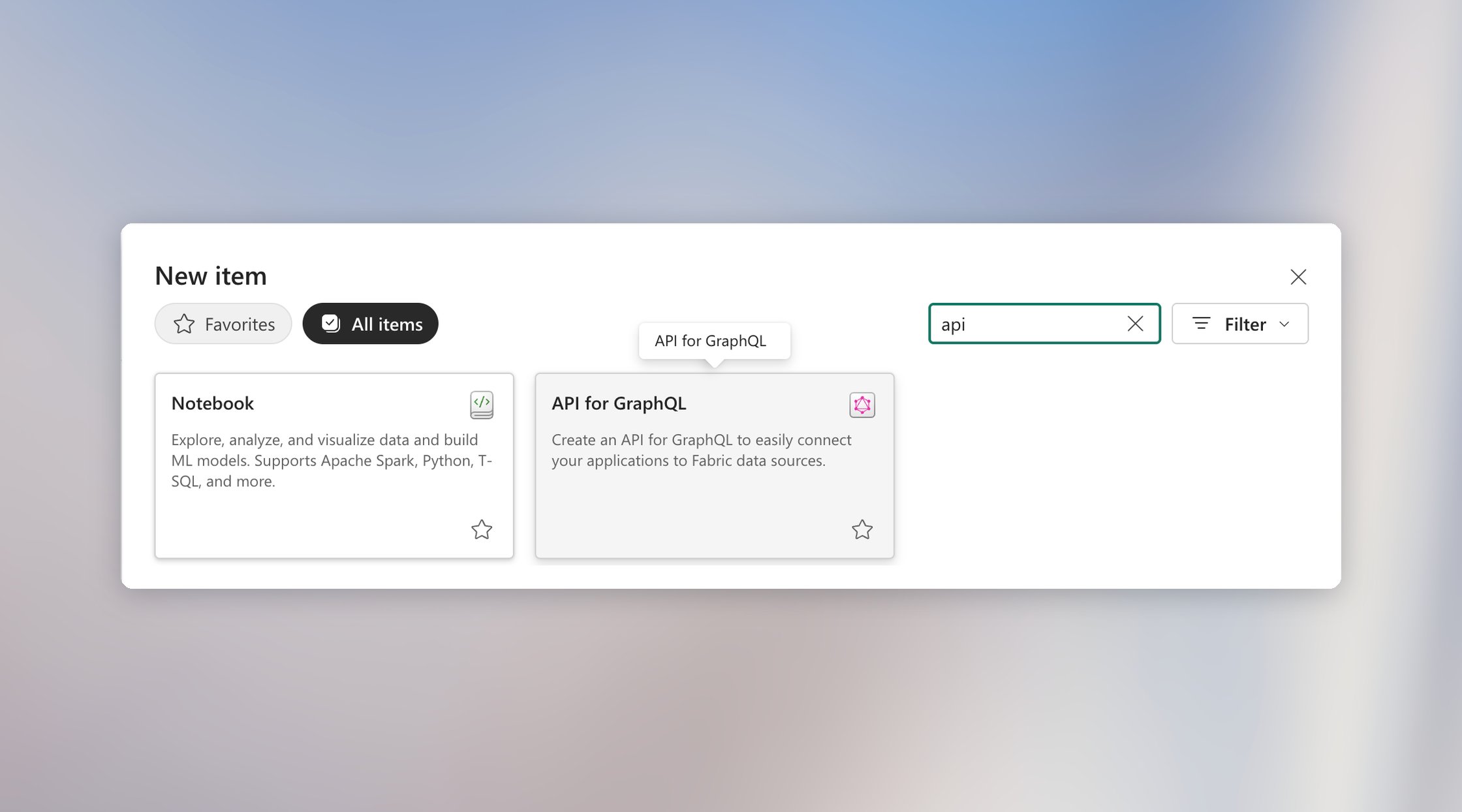 API for GraphQL in the Microsoft Fabric New item panel