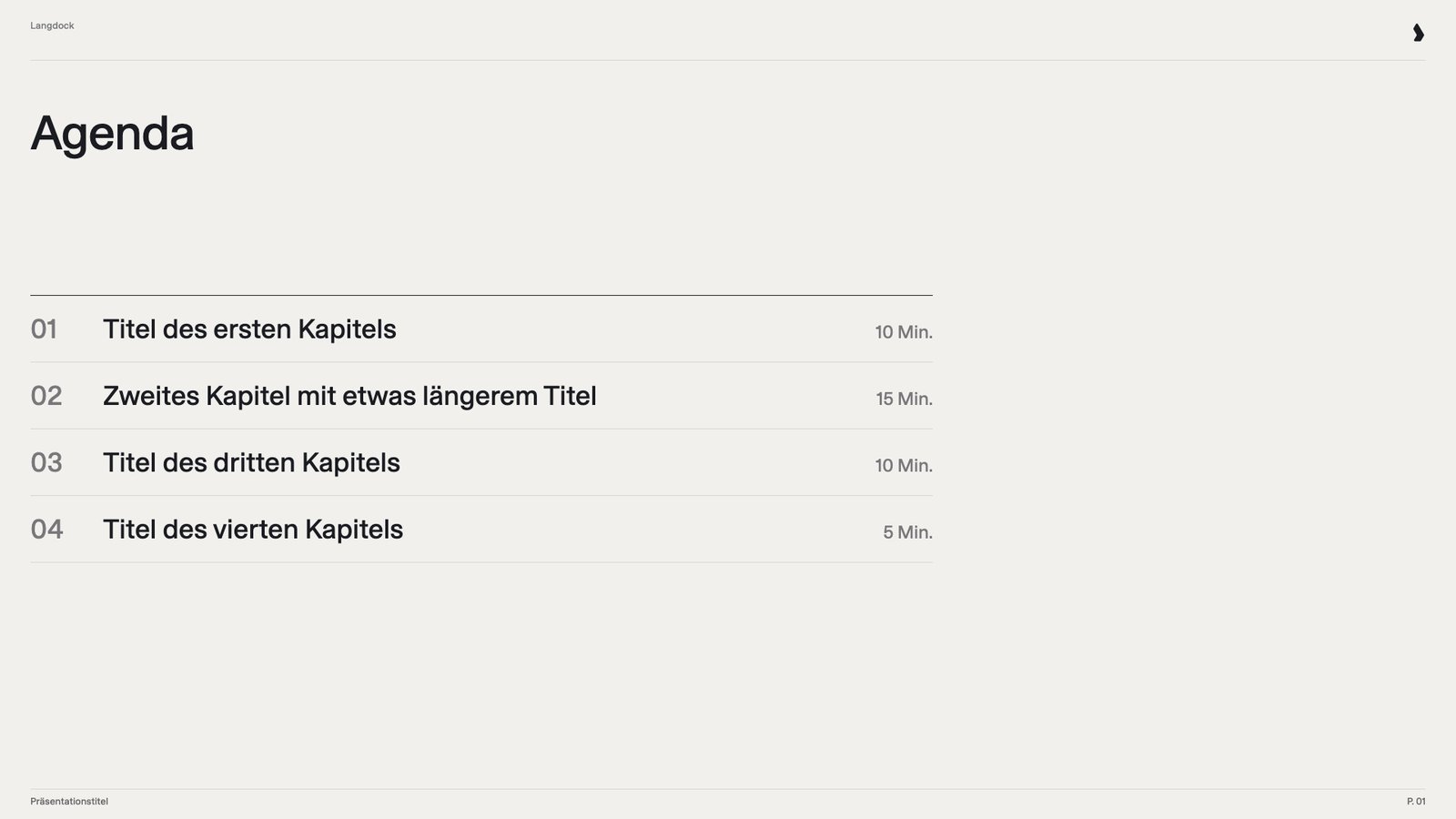 Agenda aus Textzeilen mit Kapiteltiteln und Dauer