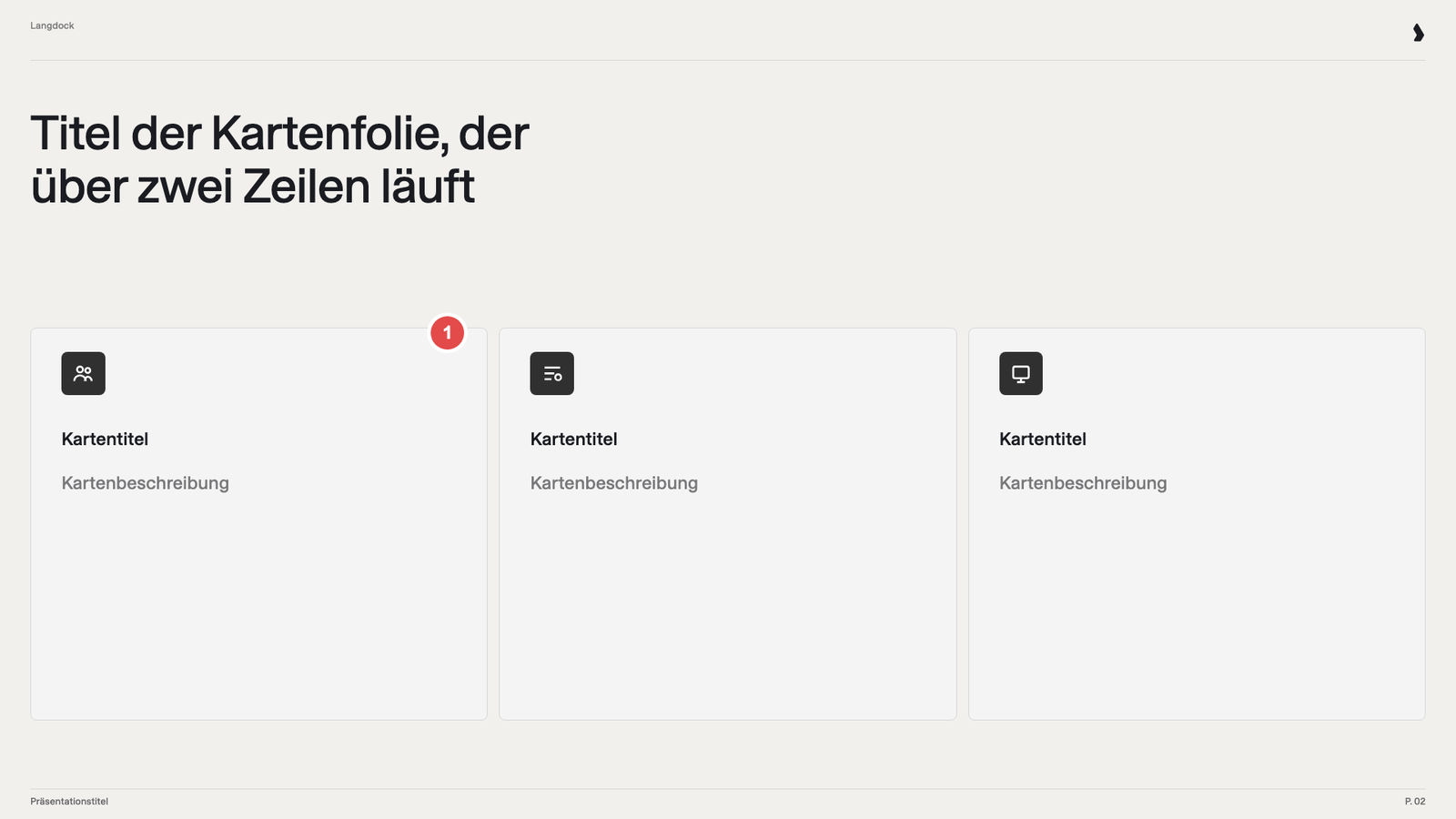 Drei Karten mit nur einem Kartentitel und einer Kartenbeschreibung, markiert mit 1