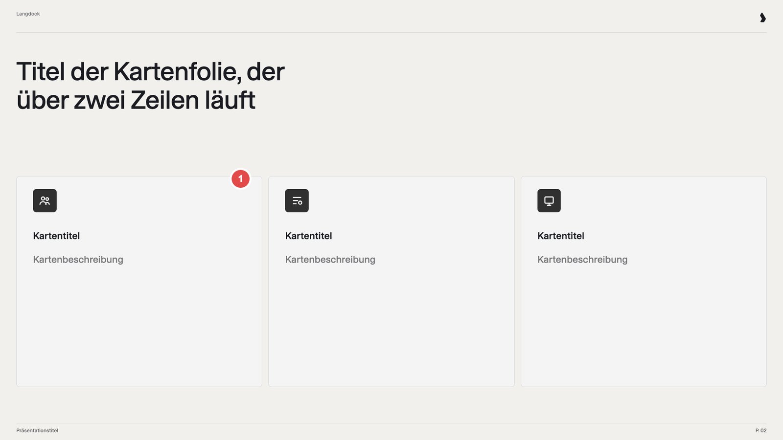 Drei Karten mit nur einem Kartentitel und einer Kartenbeschreibung, markiert mit 1
