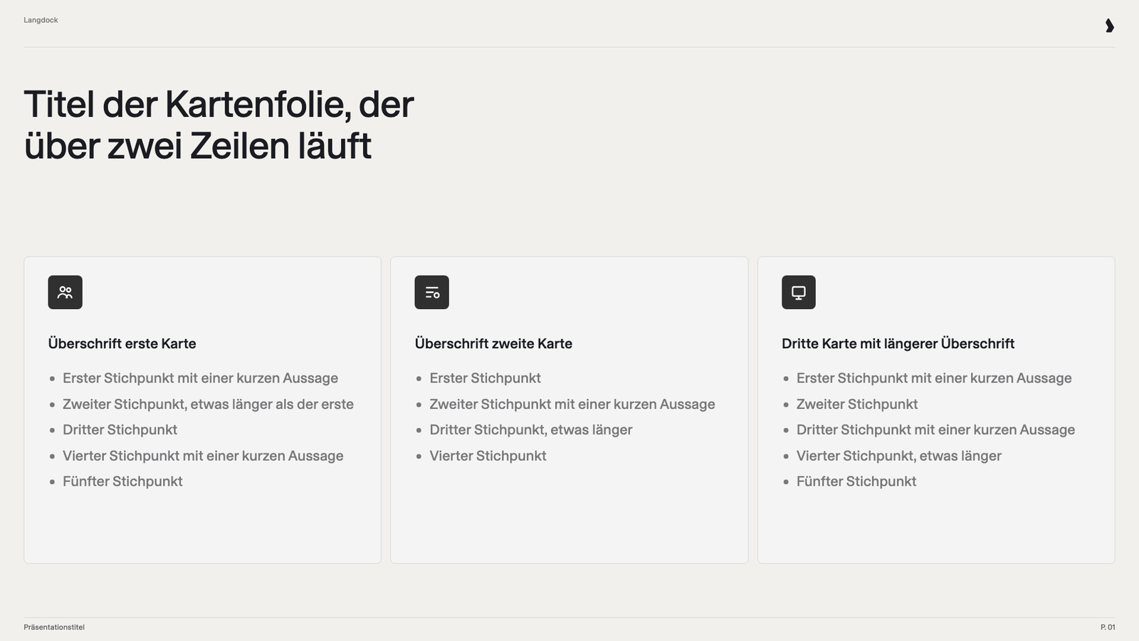 Drei Karten mit je einer Überschrift und vier bis fünf Stichpunkten