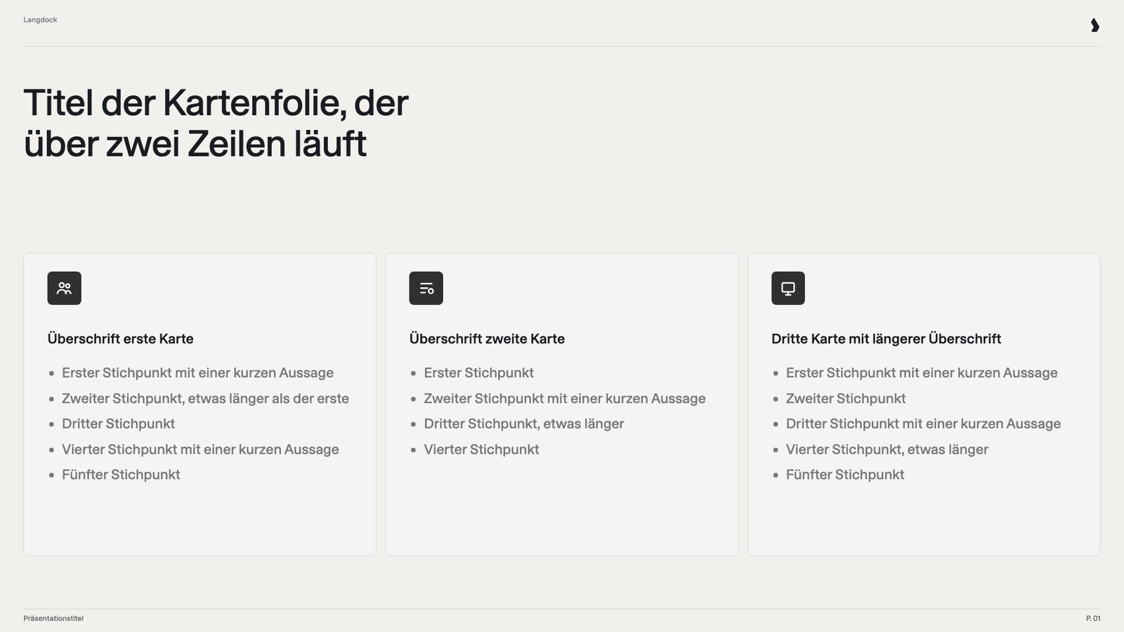 Drei Karten mit je einer Überschrift und vier bis fünf Stichpunkten